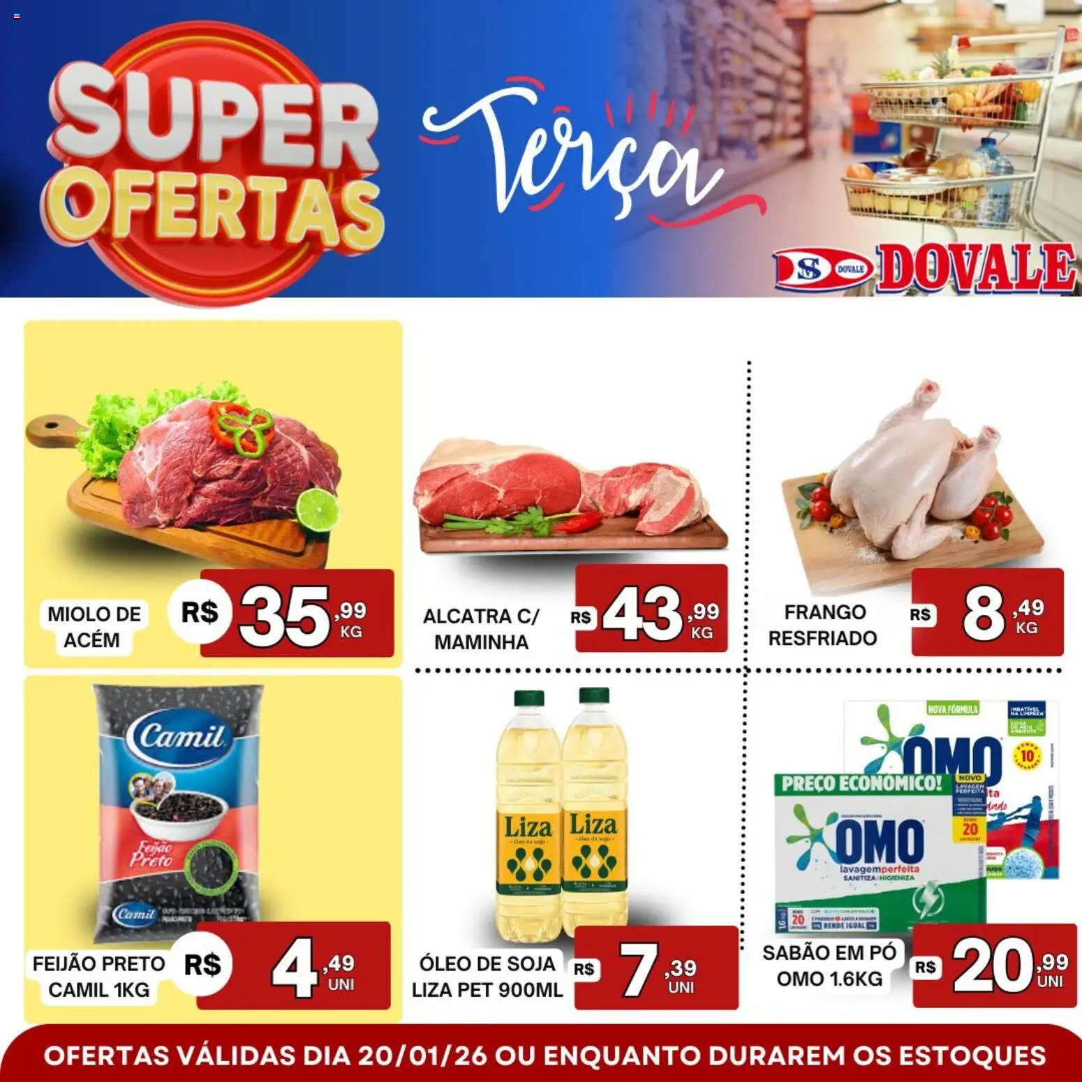 Pré-Visualização do folheto "Ofertas do Dia" da loja Dovale válido a partir de 20/01/2026 - Óleo, Feijão, Frango, Sabão em pó, Pó, Alcatra, Sabão, Acém