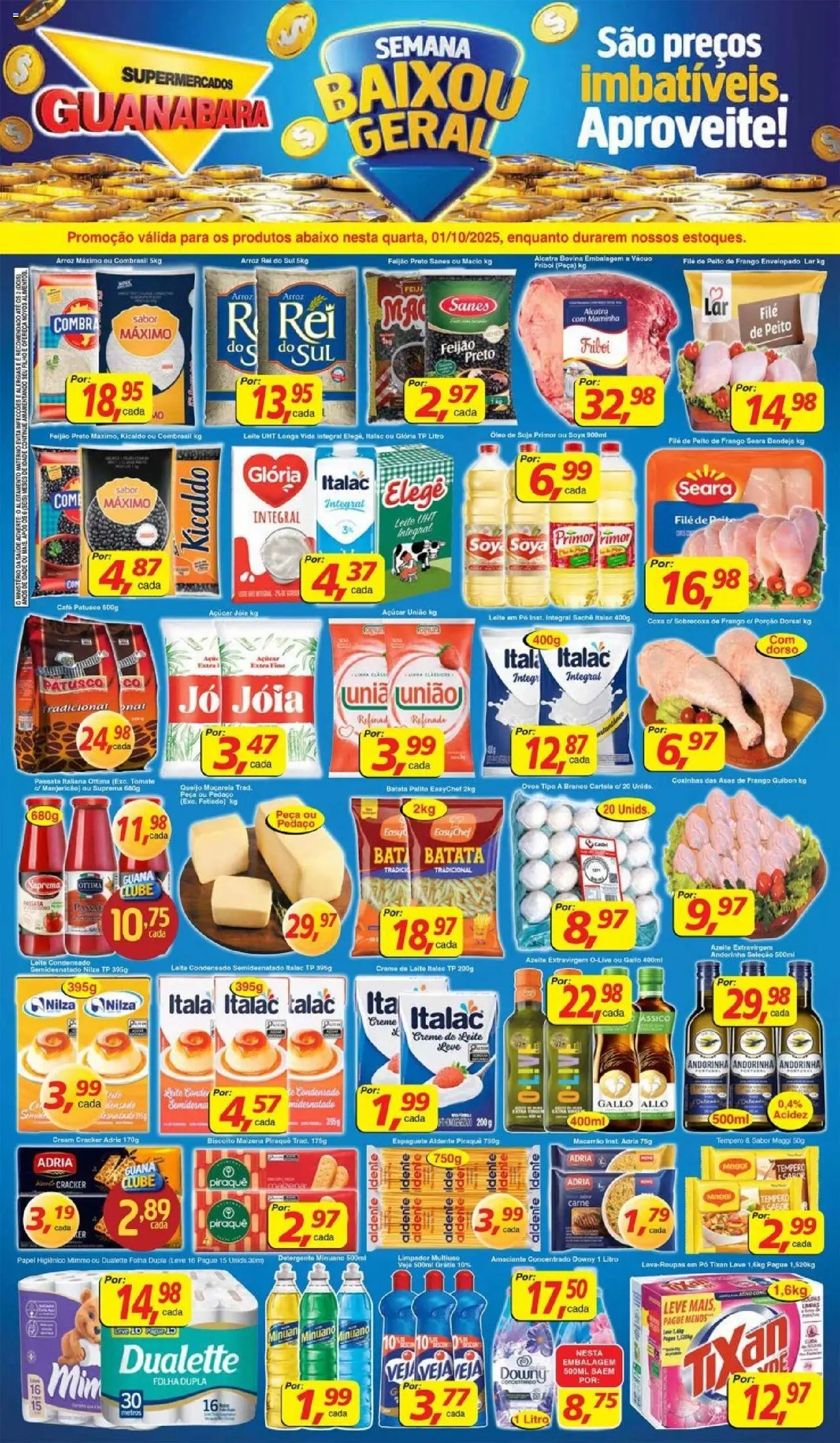 Supermercados Guanabara folheto "Encarte" válido a partir de 01/10/2025 - número de página 1 - Macarrão, Óleo, Feijão, Queijo, Soja, Amaciante, Queijo muçarela, Asas de frango