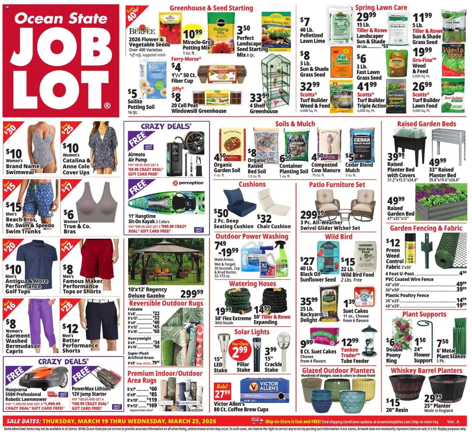 Ad Preview of Ocean State Job Lot Ocean State Job Lot Weekly Ad from 03/19/2026 - Kayak, Ring, Shelf, Lime, Tiller, Potting soil, Peat, Swivel