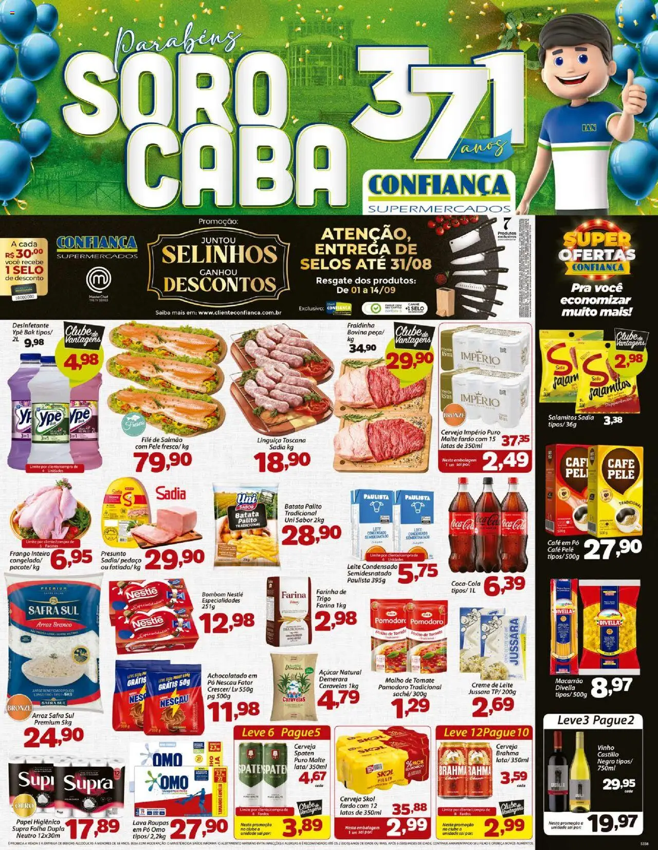 Confiança folheto "Ofertas da semana" válido a partir de 15/08/2025 - número de página 1 - Cerveja, Vinho, Macarrão, Desinfetante, Salmão, Pó, Linguiça, Filé de salmão