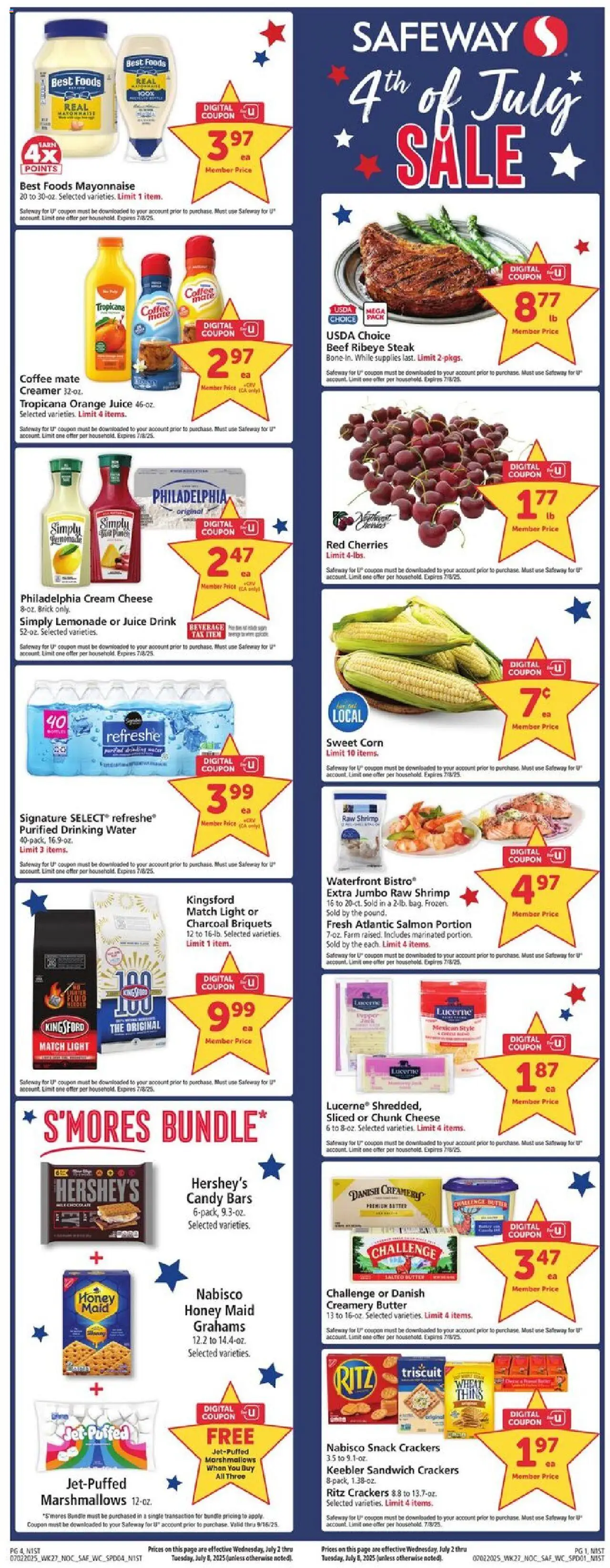 Safeway Weekly Ad from 07/02/2025 - Flyer - Page number 1 - Candy, Fruit, Cherries, Corn, Butter, Cream cheese, Beef, Wc