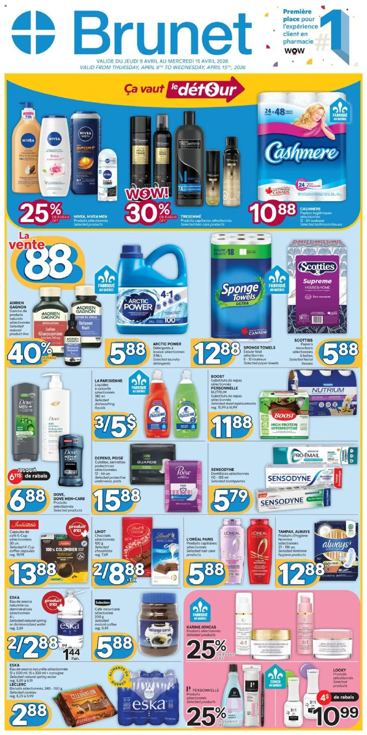 Preview of leaflet Brunet weekly flyer / circulaire from shop Brunet is valid from Apr 09, 2026 - Coffee, Lindt, Protein, Biscuits, Spring water, Capsules, Instant coffee, Tissues