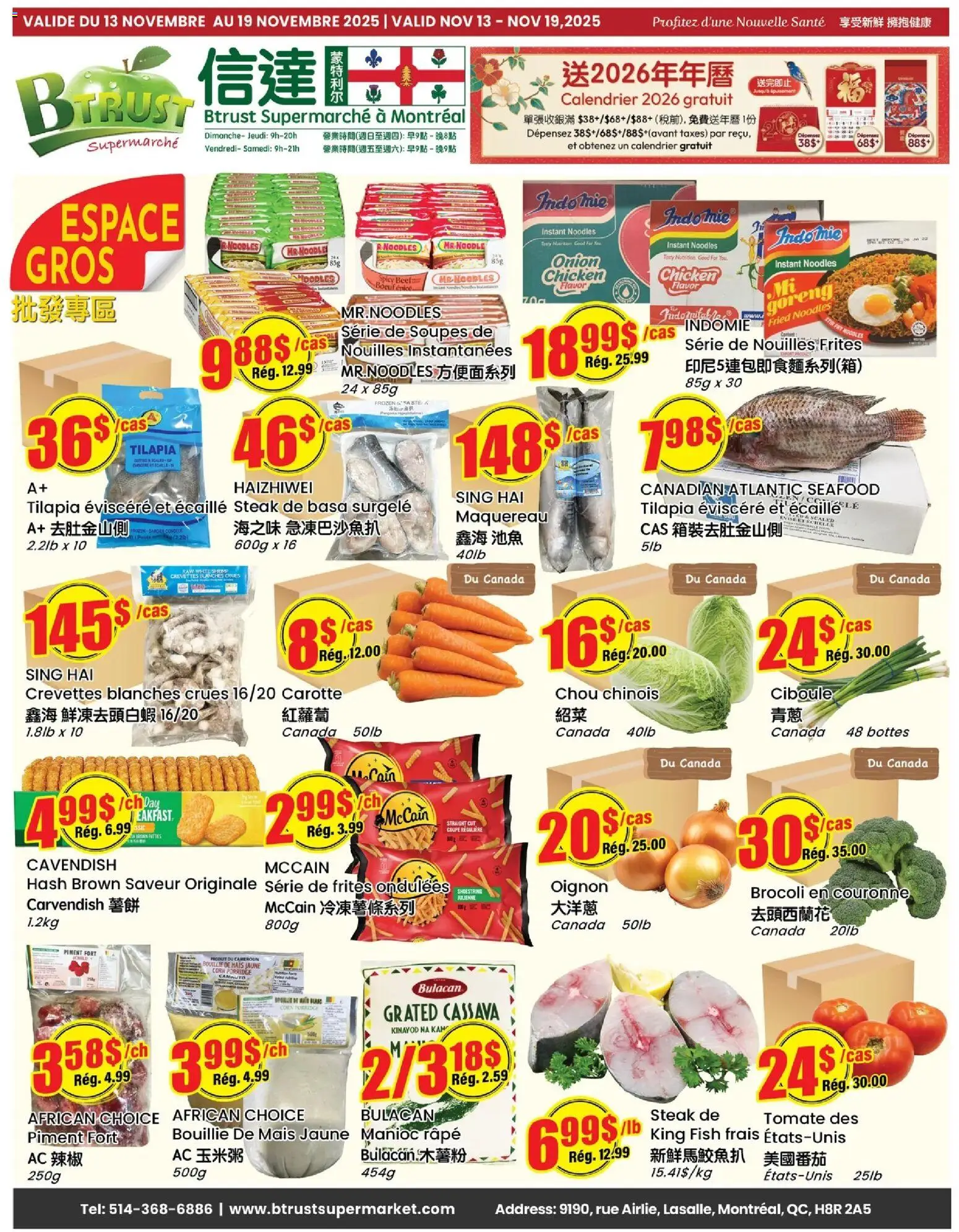 Preview of leaflet Weekly flyer / circulaire from shop Btrust Supermarket is valid from Nov 13, 2025 - Chicken, Fish, Steak, Seafood, Shrimp, Beef, Tilapia, Porridge