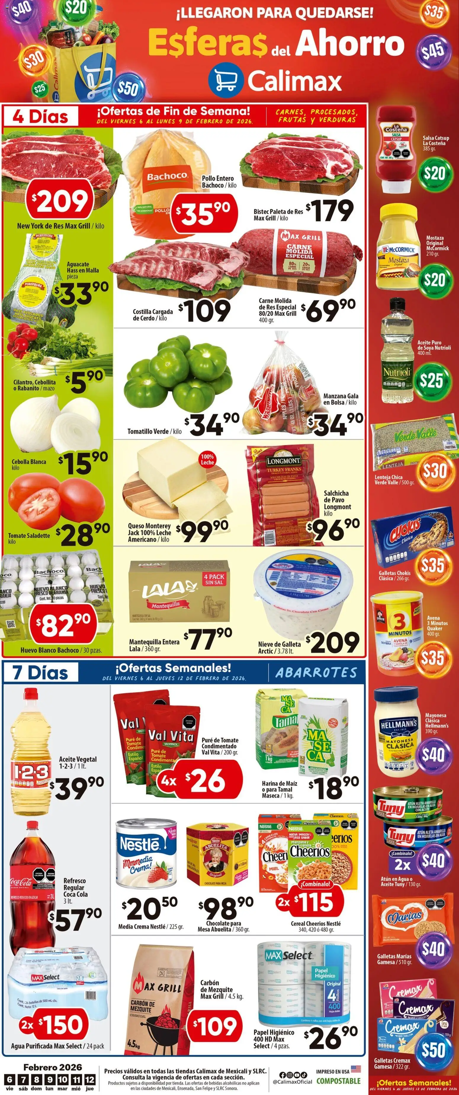 Vista previa las ofertas de la tienda Calimax - Folleto Mexicali y SLRC desde el 06/02/2026 - Verduras, Aguacate, Queso, Avena, Carne, Sal, Mostaza, Malla