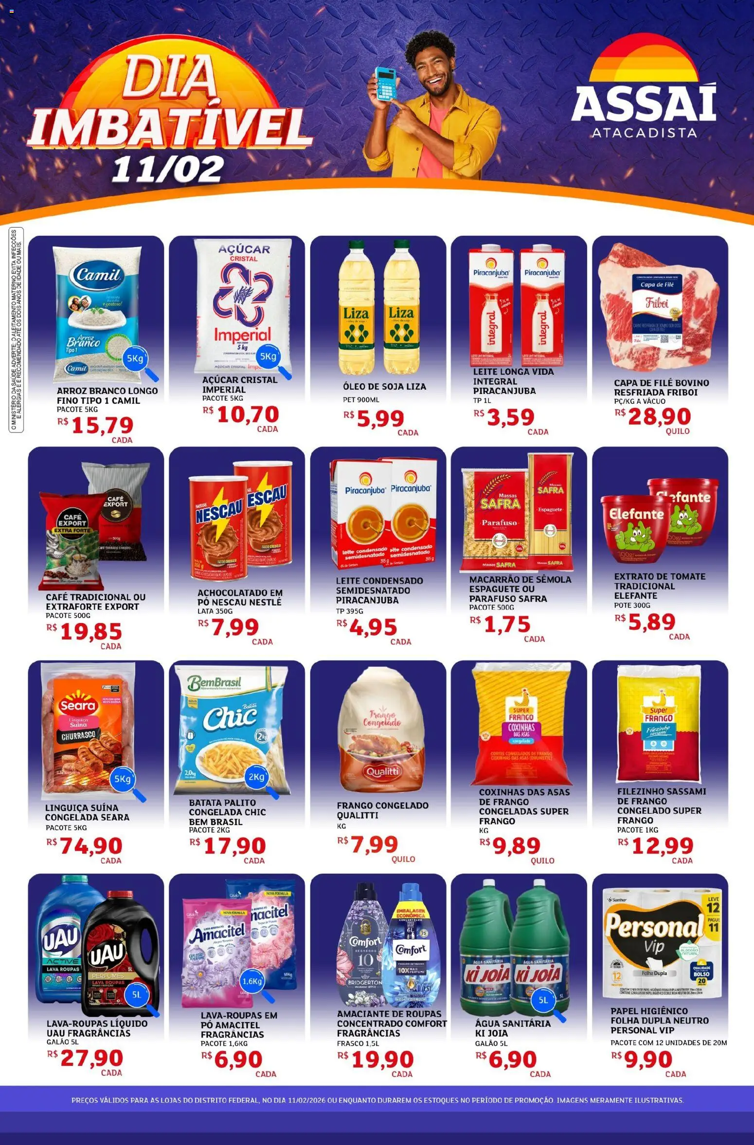 Pré-Visualização do folheto "Encarte - DF" da loja Assaí Atacadista válido a partir de 11/02/2026 - Macarrão, Leite, Carne, Tomate, Papel higiênico, Amaciante, Açúcar cristal, Amaciante de roupas