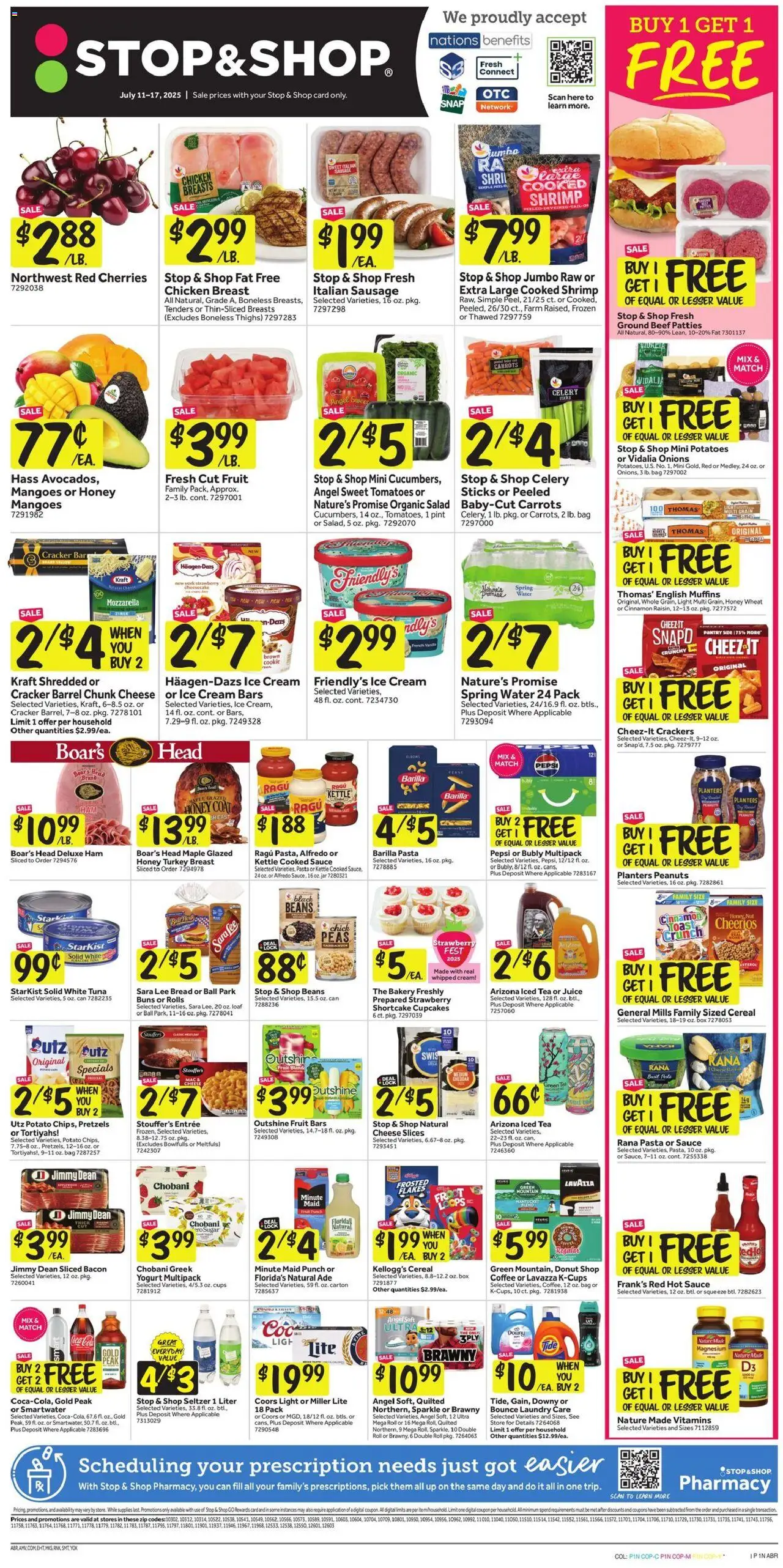 Stop & Shop Weekly Ad from 07/11/2025 - Flyer - Page number 1 - Cherries, Shrimp, Bread, Coffee, Water, Sauce, Ice, Mozzarella