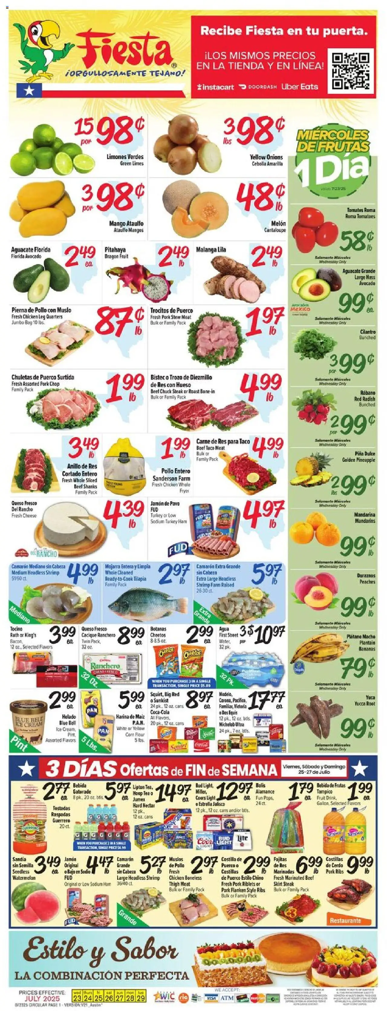 Fiesta Mart Weekly Ad from 07/23/2025 - Flyer - Page number 1 - Fryer, Shrimp, Ham, Pineapple, Ice cream, Fruit, Bag, Steak