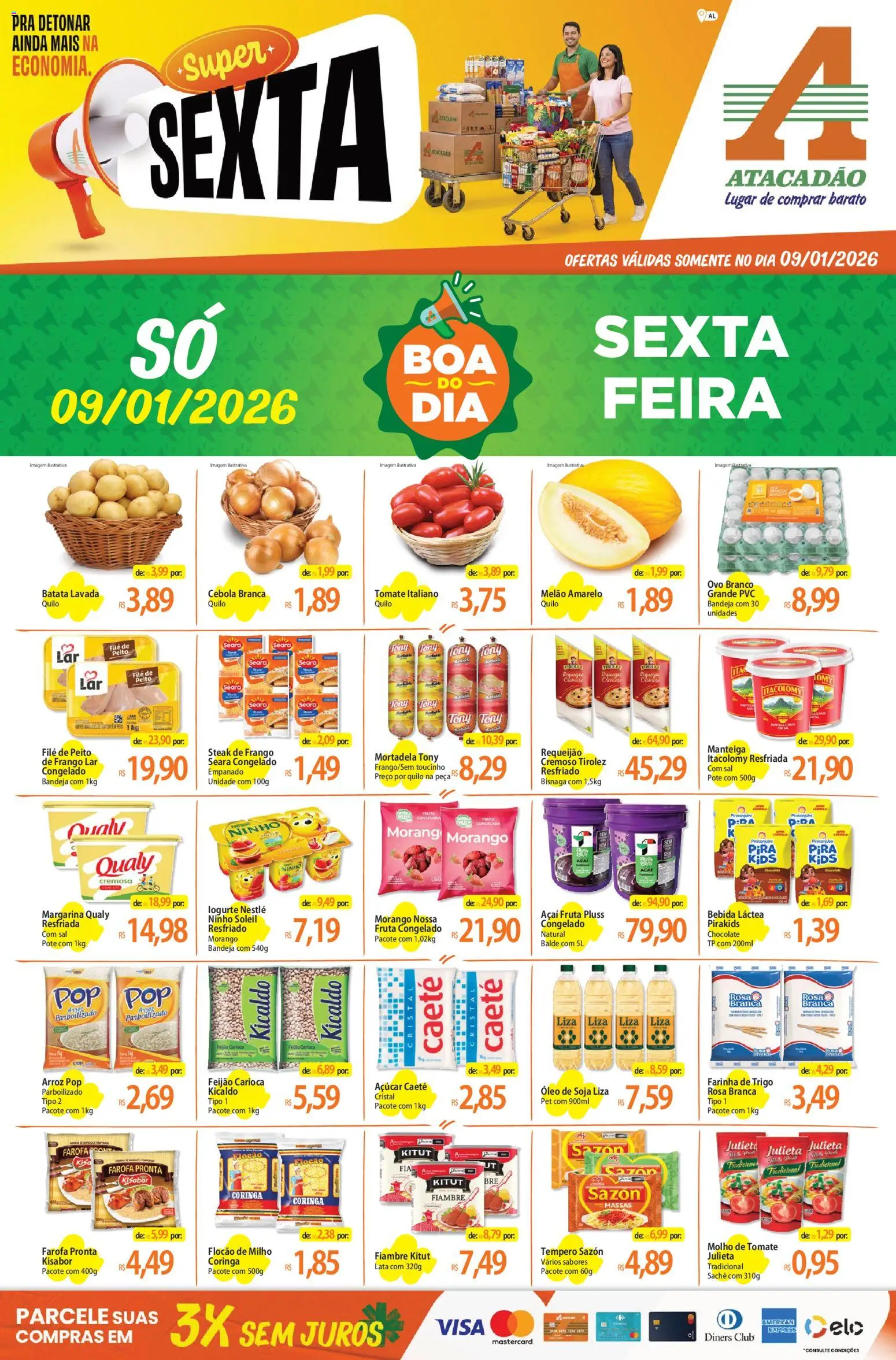 Pré-Visualização do folheto "Ofertas - AL" da loja Atacadão válido a partir de 09/01/2026 - Chocolate, Arroz, Frango, Manteiga, Mortadela, Molho de tomate, Farinha, Steak