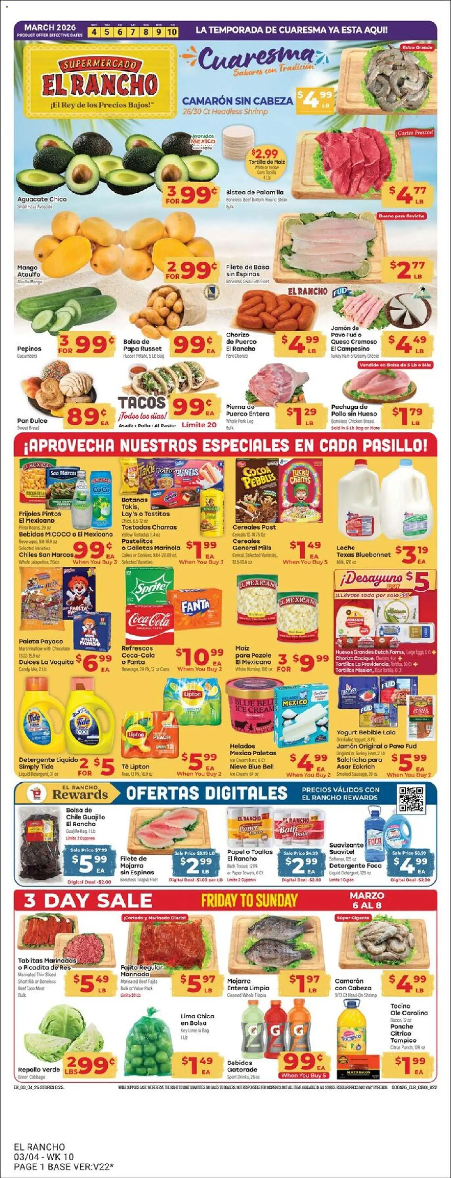 Ad Preview of El Rancho El Rancho Weekly Ad from 03/04/2026 - Ice cream, Candy, Avocado, Shrimp, Peach, Cucumbers, Bag, Pork leg