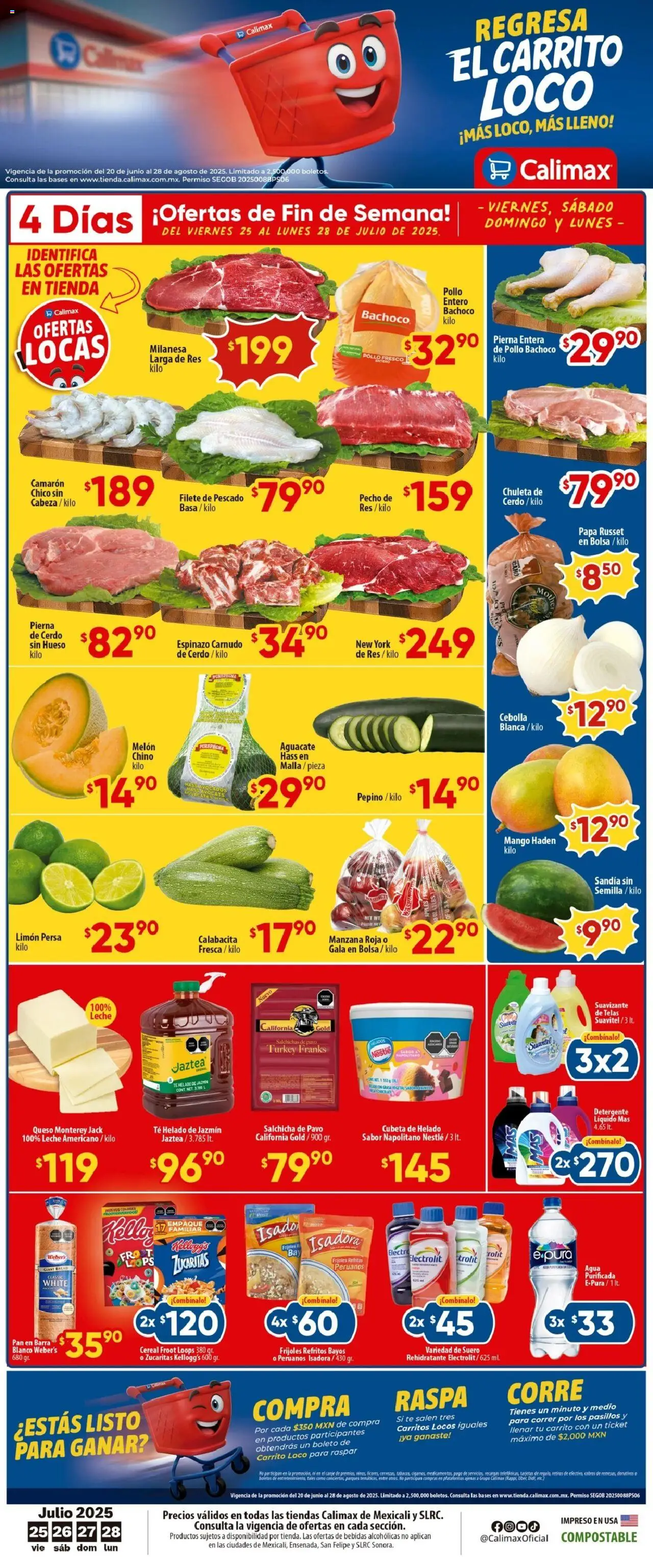 Folleto Mexicali Calimax y sus promociones válidas desde el 25/07/2025 - Número de página 1 - Mango, Queso, Frijoles, Pavo, Filete de pescado, Res, Pierna de cerdo, Suavizante