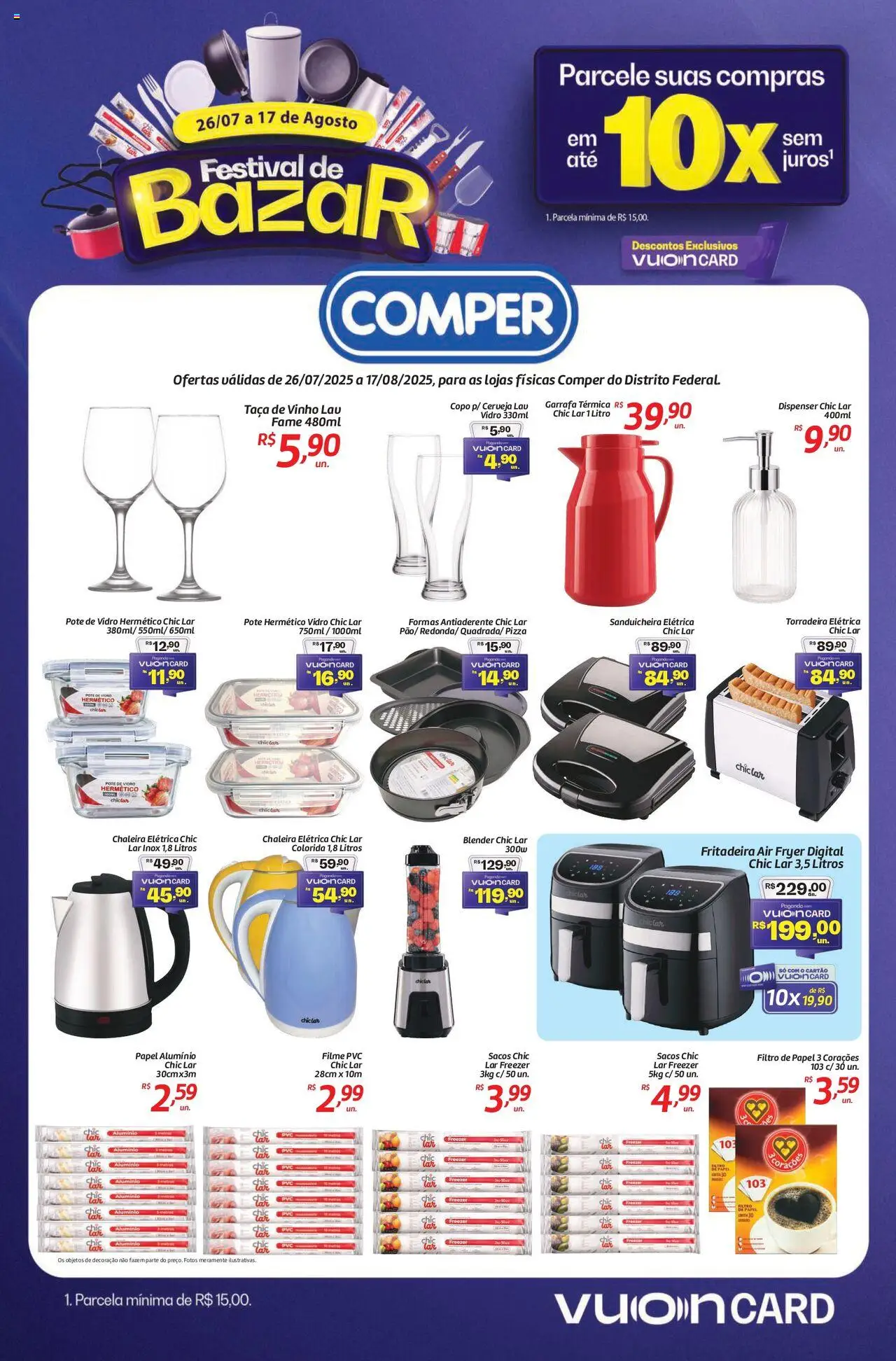 Comper folheto "Ofertas Festival de Bazar" válido a partir de 26/07/2025 - número de página 1 - Garrafa térmica, Chaleira elétrica, Sanduicheira, Freezer, Decoração, Chaleira, Torradeira, Filtro de papel