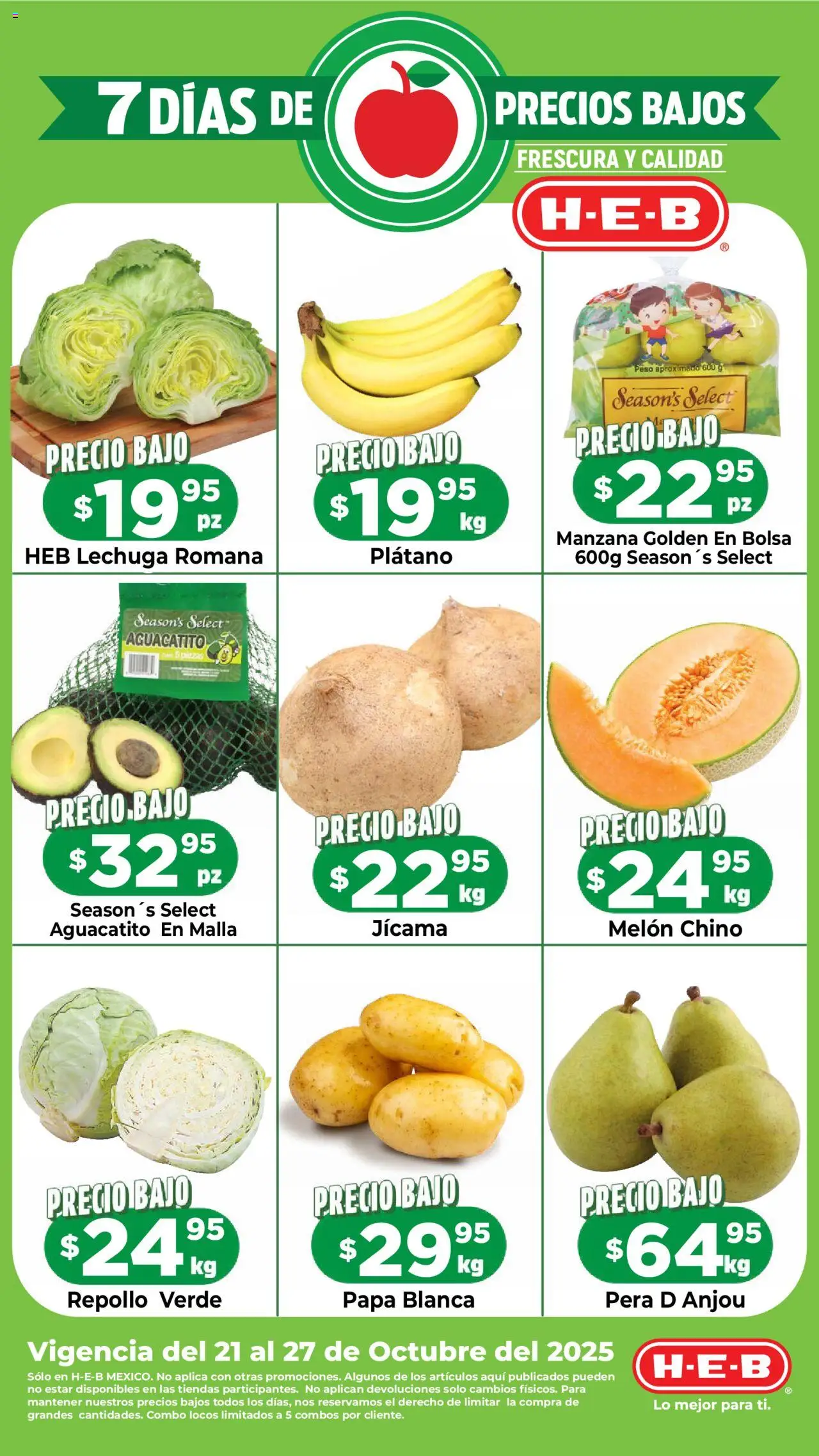 Vista previa las ofertas de la tienda H-E-B - Folleto Precios Bajos desde el 21/10/2025 - Manzana, Plátano, Pera, Lechuga, Lechuga romana, Repollo, Melón, Malla