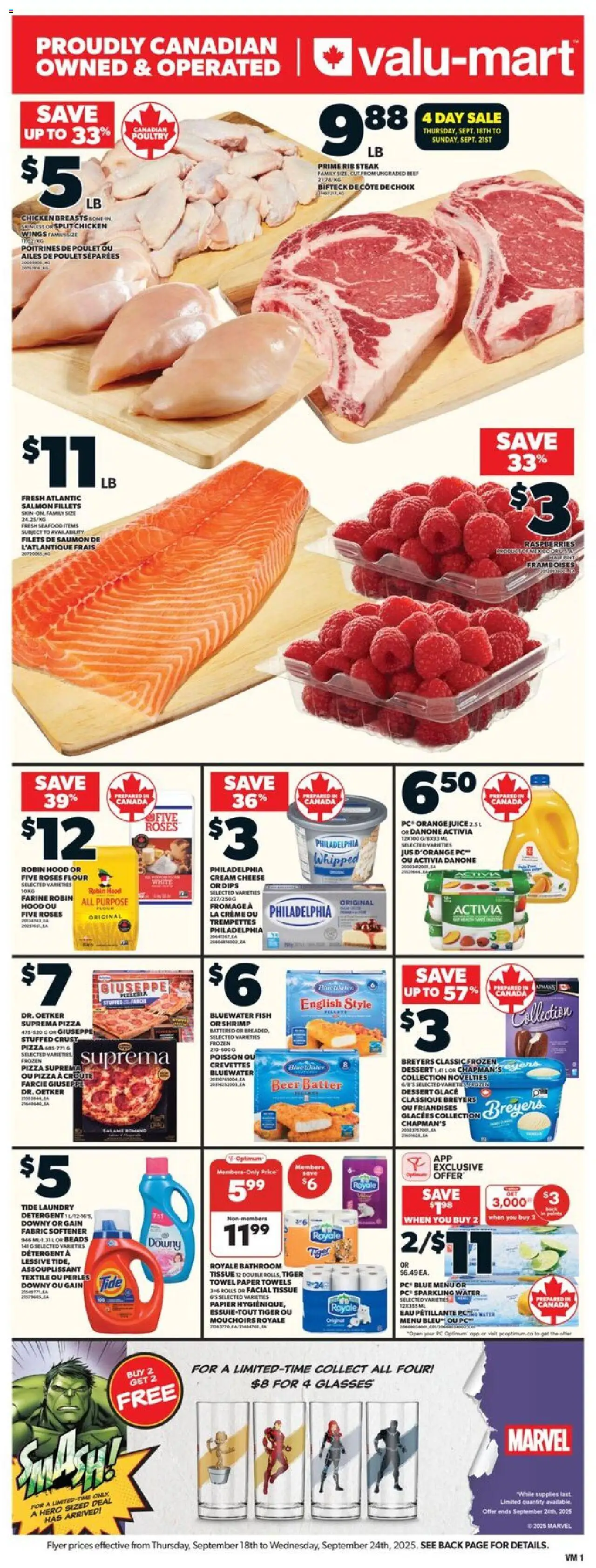 Preview of leaflet Weekly Flyer from shop Valu Mart is valid from Sep 18, 2025 - Steak, PC, Salmon, Shrimp, Cream cheese, Cream, Flour, Orange juice