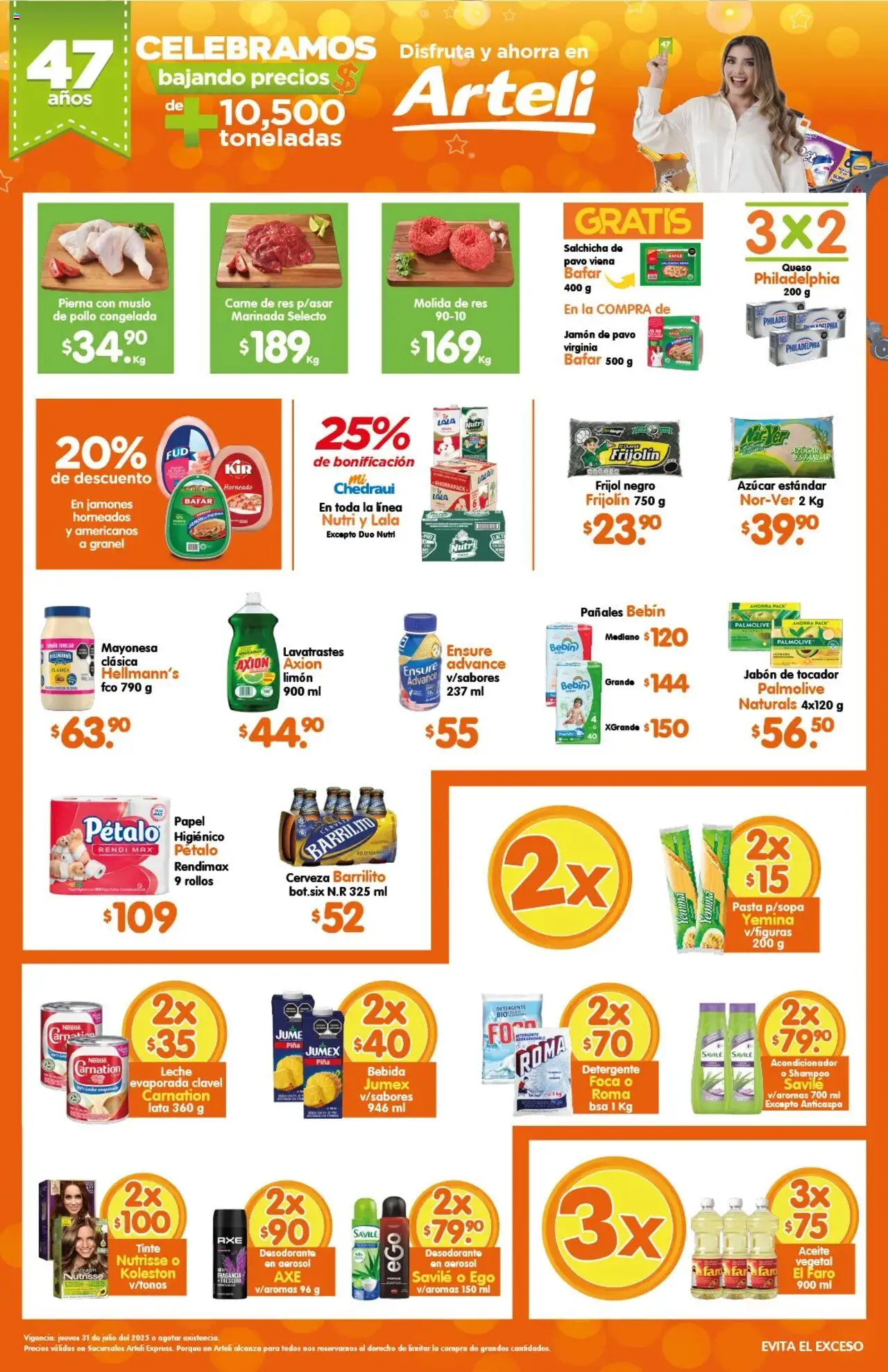 Folleto Express Arteli y sus promociones válidas desde el 31/07/2025 - Número de página 1 - Queso Philadelphia, Pasta, Desodorante, Carne, Piña, Mayonesa, Detergente, Jamón