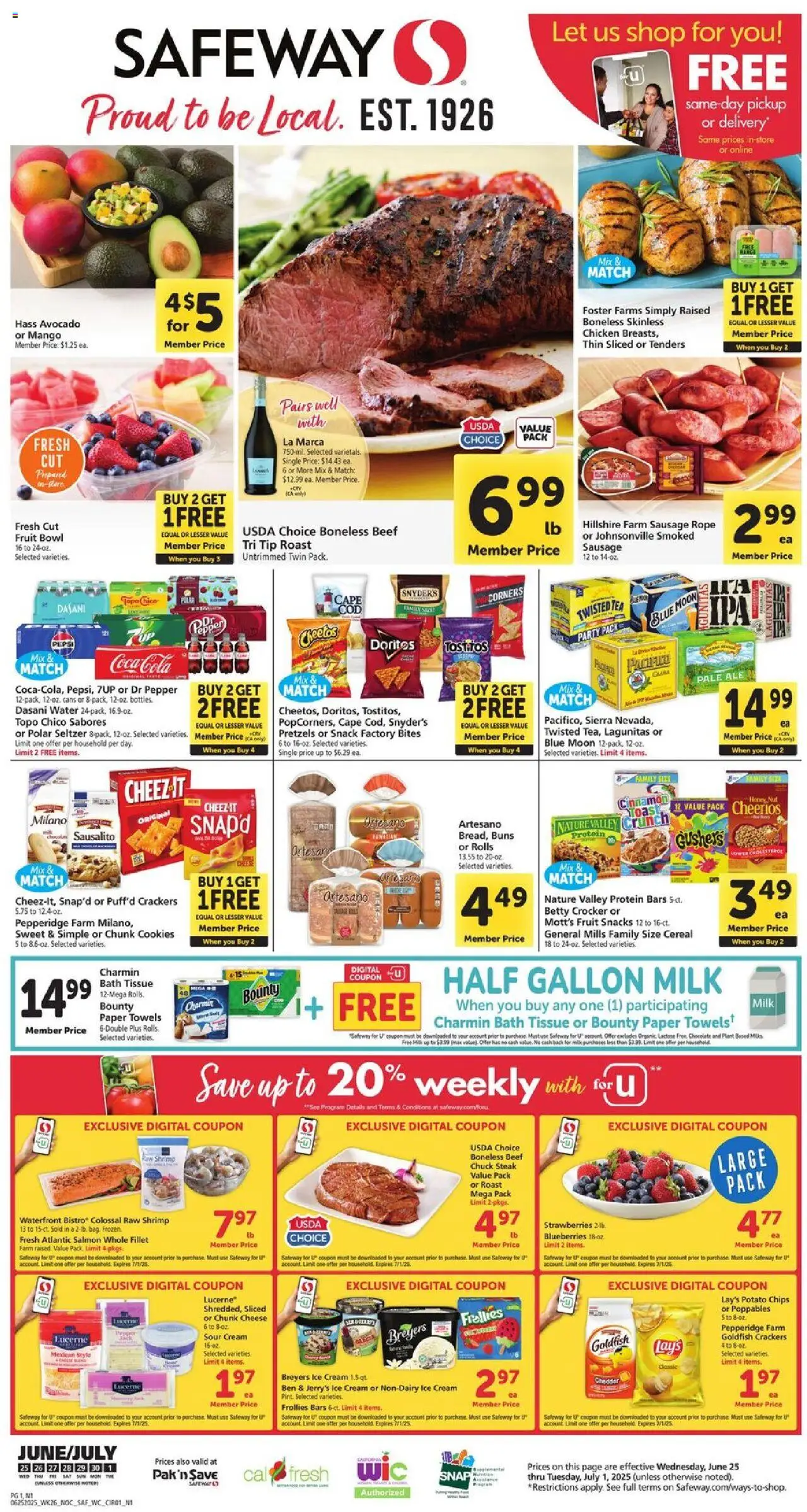 Safeway Weekly Ad CA from 06/25/2025 - Flyer - Page number 1 - Ice cream, Cookies, Fruit, Blueberries, Sausage, Cream, Sour cream, Ben & Jerry’s ice cream