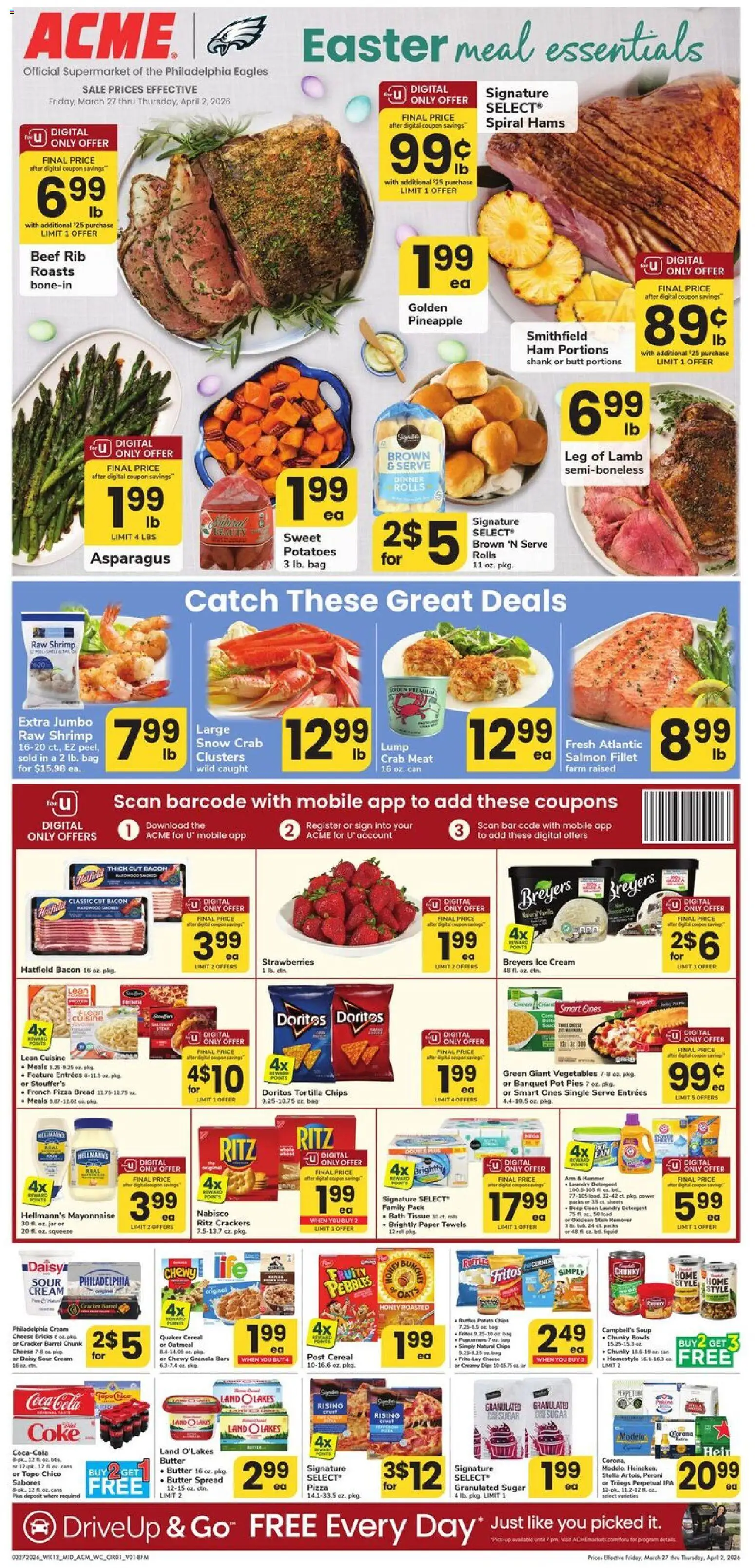 Ad Preview of Acme Acme Weekly Ad - PA from 03/27/2026 - Chips, Salmon, Cereal, Sour cream, Potato chips, Granulated sugar, Detergent, Salmon fillet