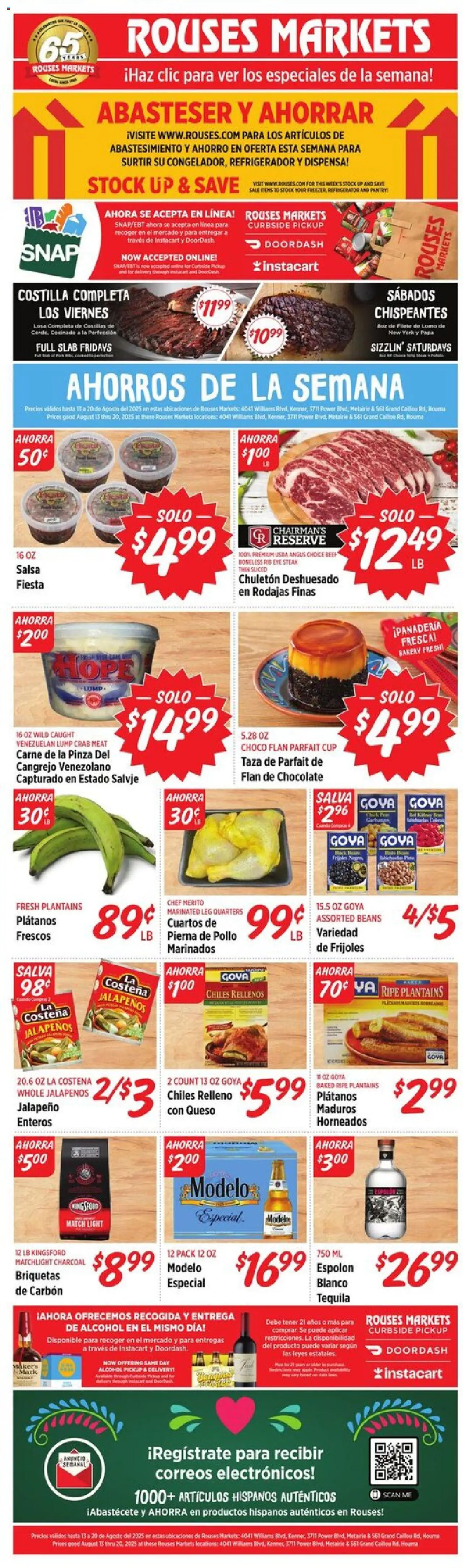 Rouses Market Ad from 08/13/2025 - Flyer - Page number 1 - Bakery, Chocolate, Steak, Alcohol, Refrigerator, Tequila, Meat, Beans