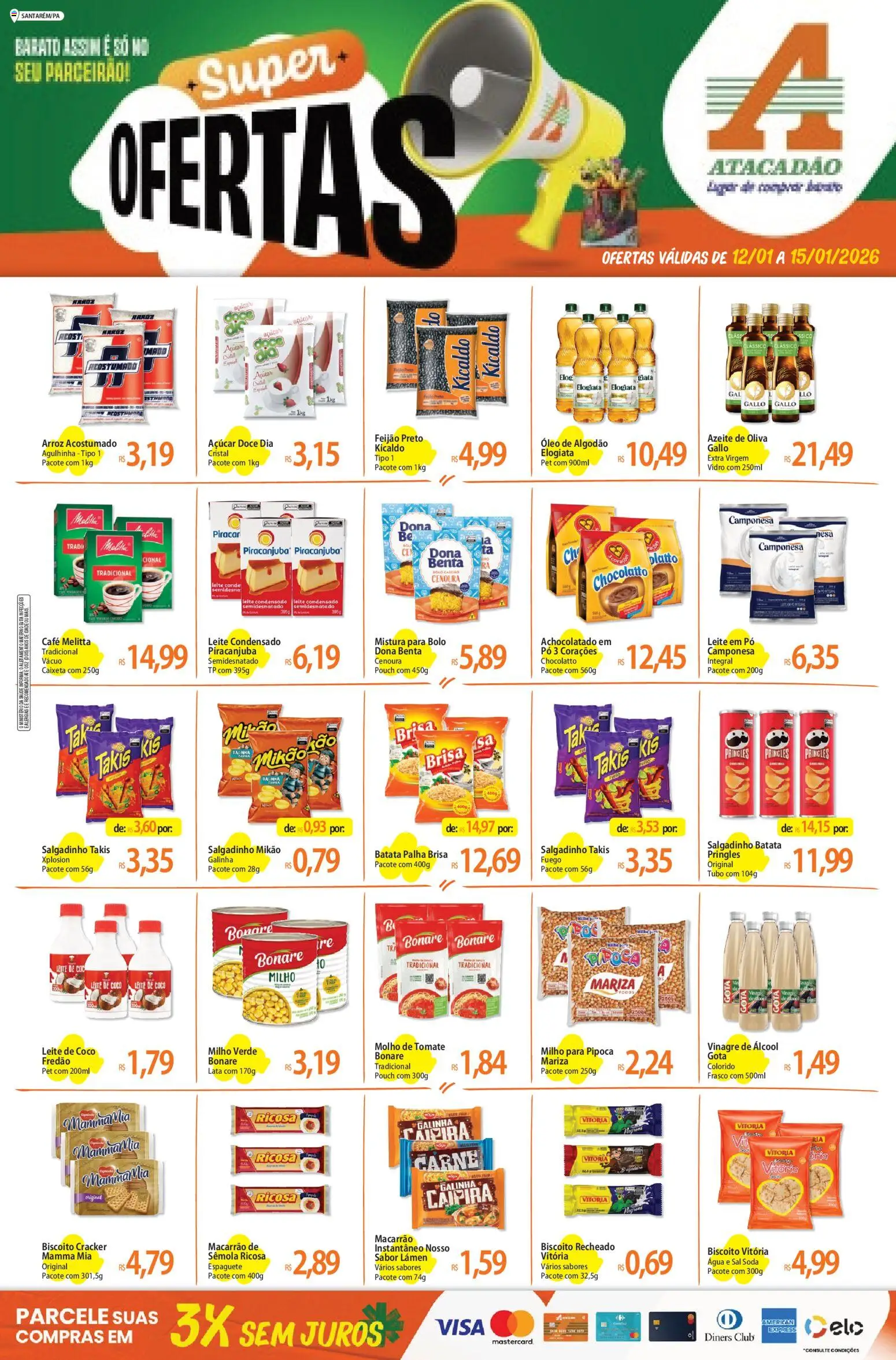 Pré-Visualização do folheto "Ofertas - PA" da loja Atacadão válido a partir de 12/01/2026 - Coco, Sal, Pipoca, Cenoura, Algodão, Batata palha, Milho verde, Mistura para bolo