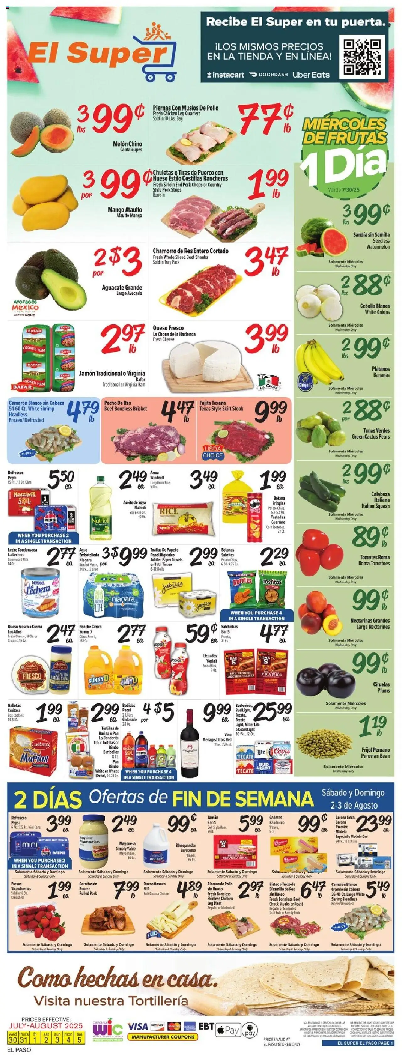 El Super Weekly Ad - TX from 07/30/2025 - Flyer - Page number 1 - Steak, Bananas, Shrimp, Pan, Rice, Tortillas, Bag, Melon