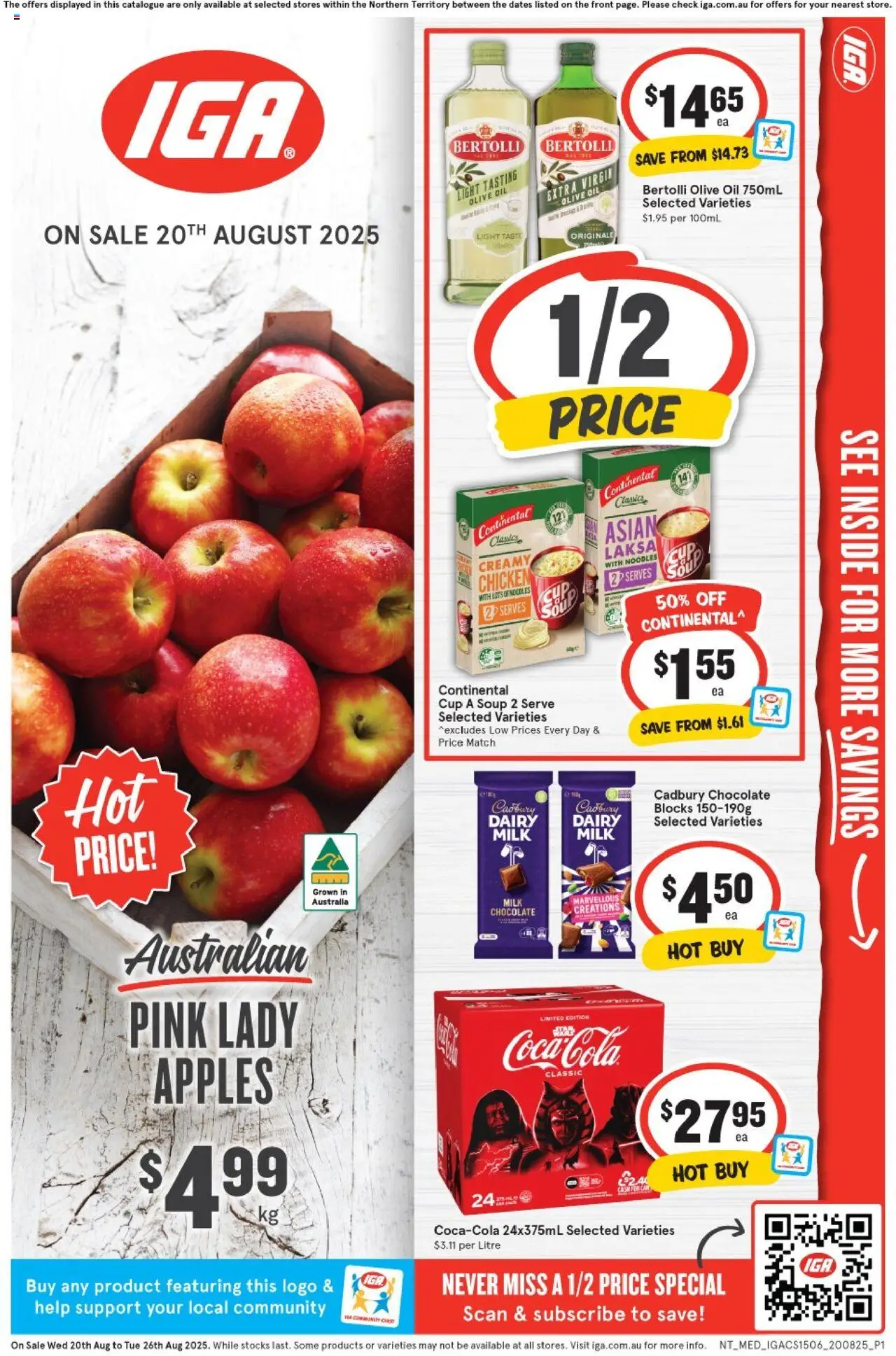 IGA catalogue valid from 20/08/2025 - page 1 - Milk, Dairy, Chocolate, Chicken, Noodles, Olive oil, Cream, Soup