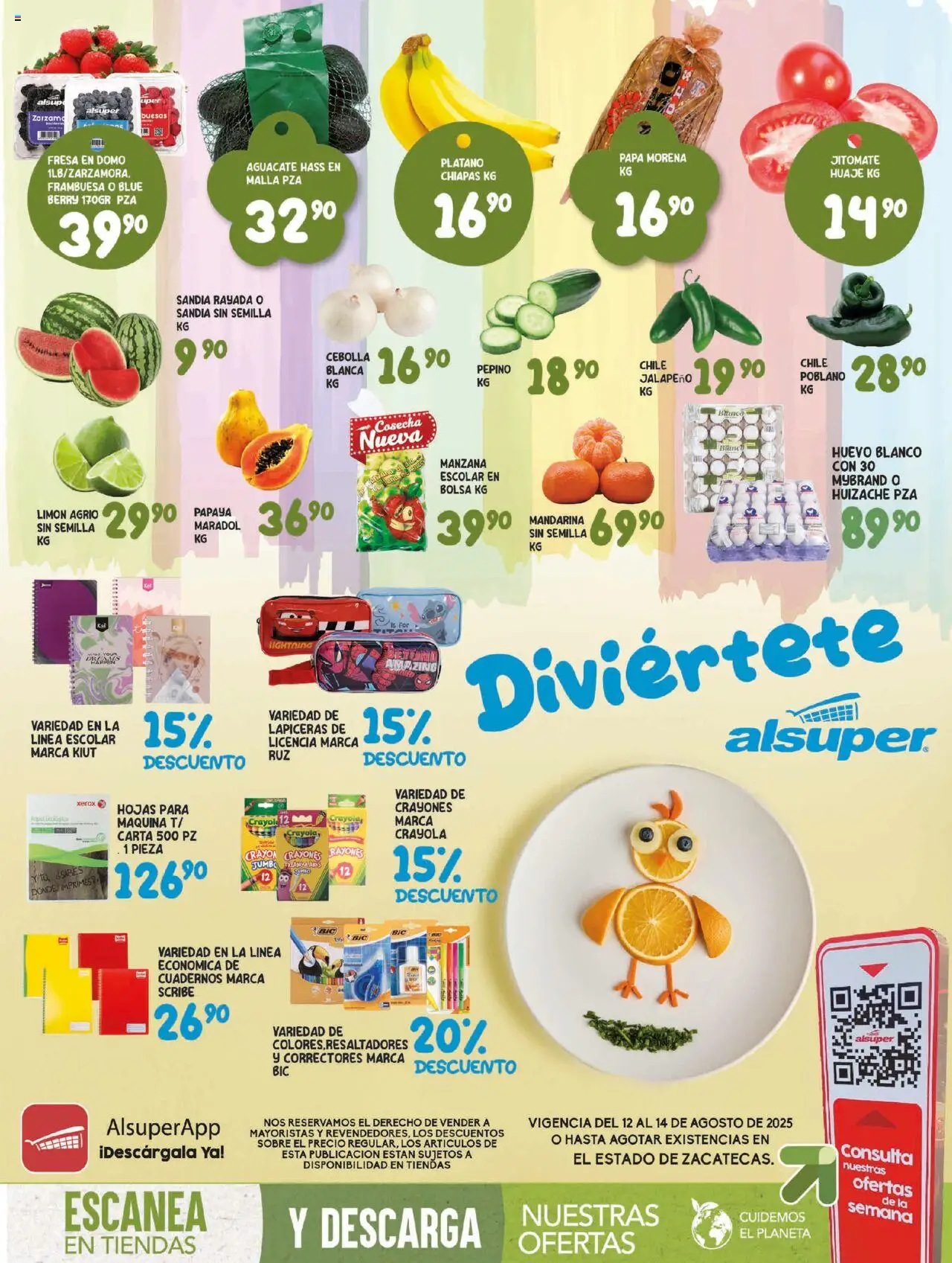 Folleto - Zacatecas Alsuper y sus promociones válidas desde el 12/08/2025 - Número de página 1 - Papa, Fresa, Manzana, Aguacate, Plátano, Limón, Huevo, Sobre