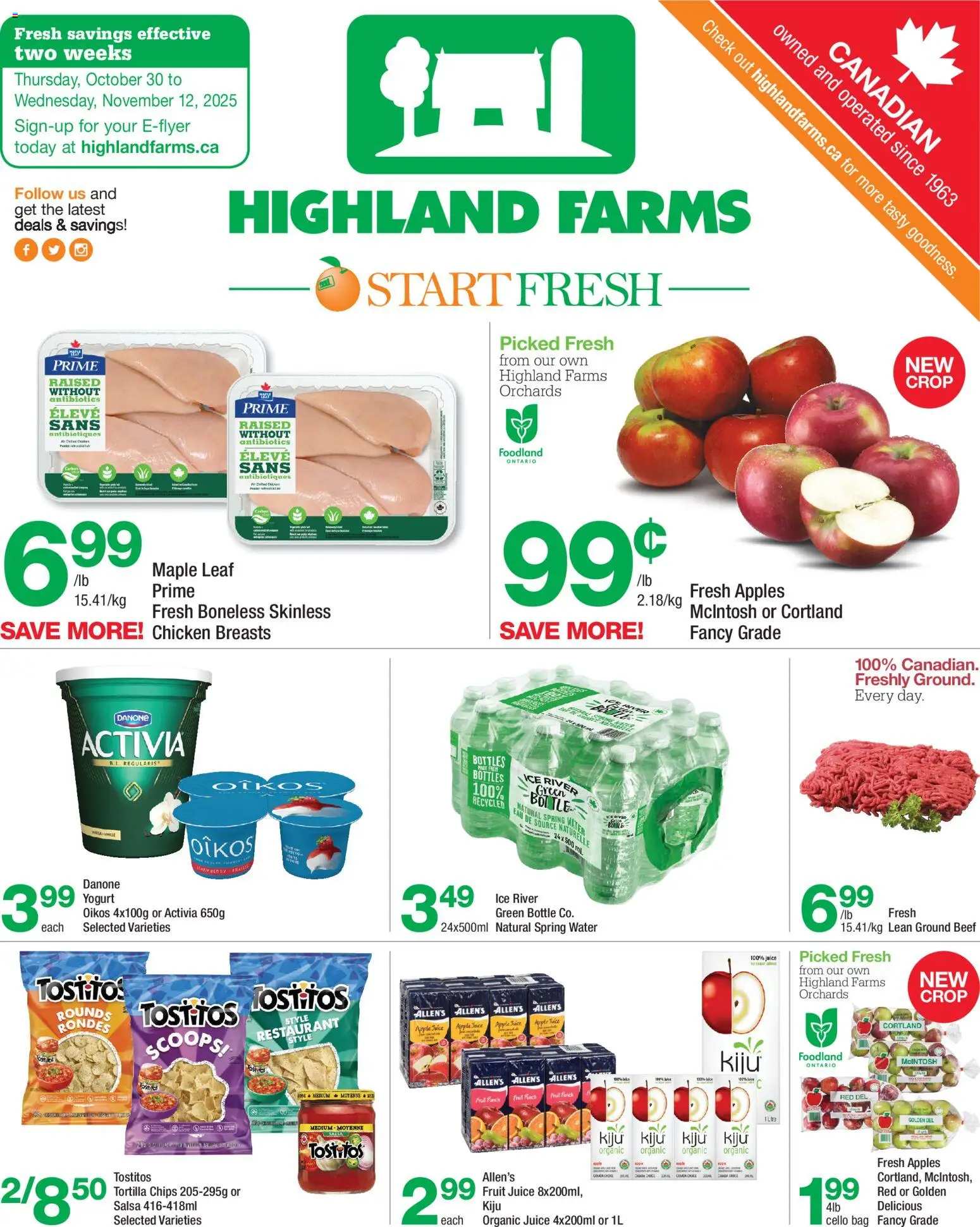 Preview of leaflet Weekly flyer / circulaire from shop Highland Farms is valid from Oct 30, 2025 - Fruit, Ice, Yogurt, Juice, Beef, Chicken breasts, Ground beef, Apple juice