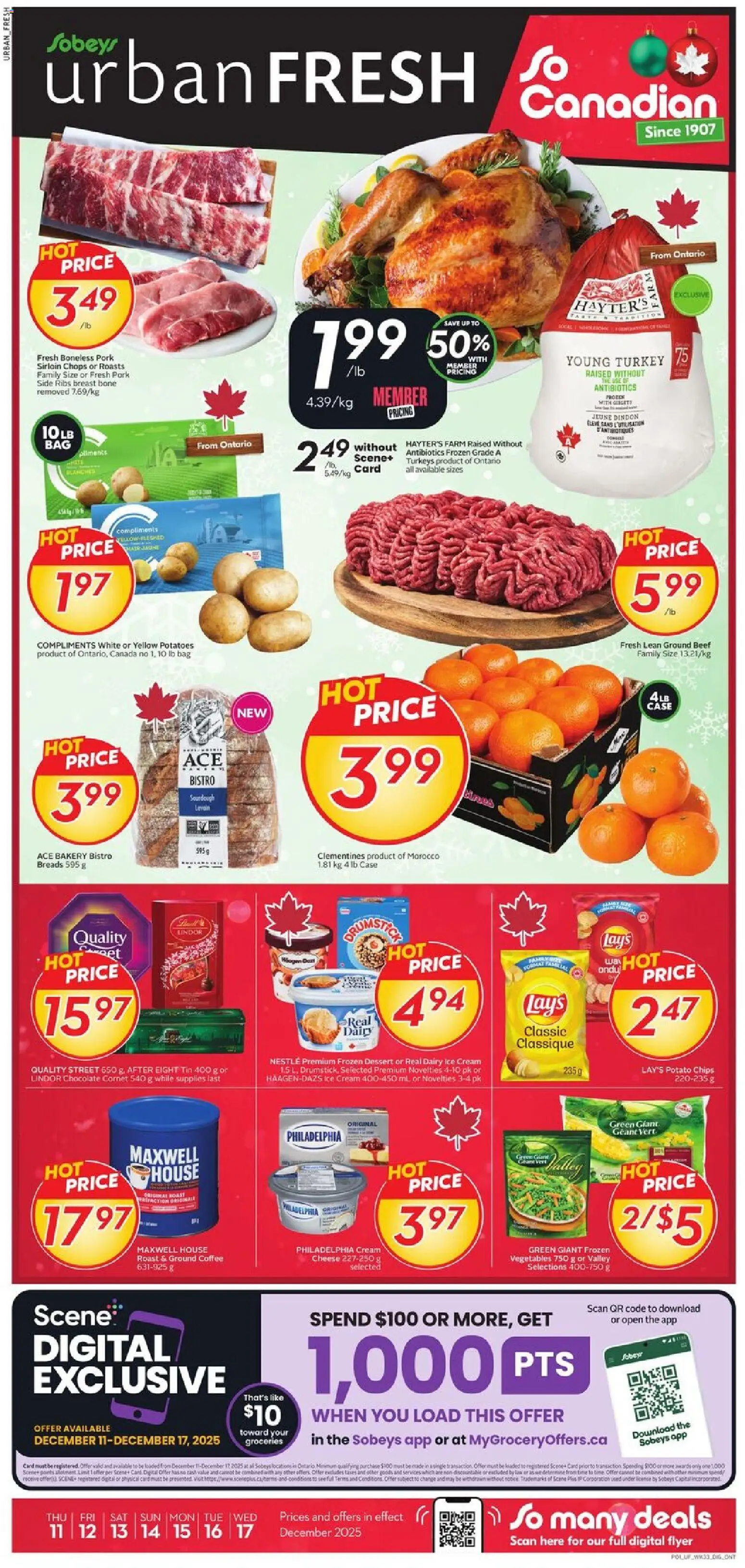 Preview of leaflet Weekly Flyer - Urban Fresh from shop Sobeys is valid from Dec 11, 2025 - Coffee, Ice cream, Bakery, Beef, Cream, Roast, Case, Ground coffee
