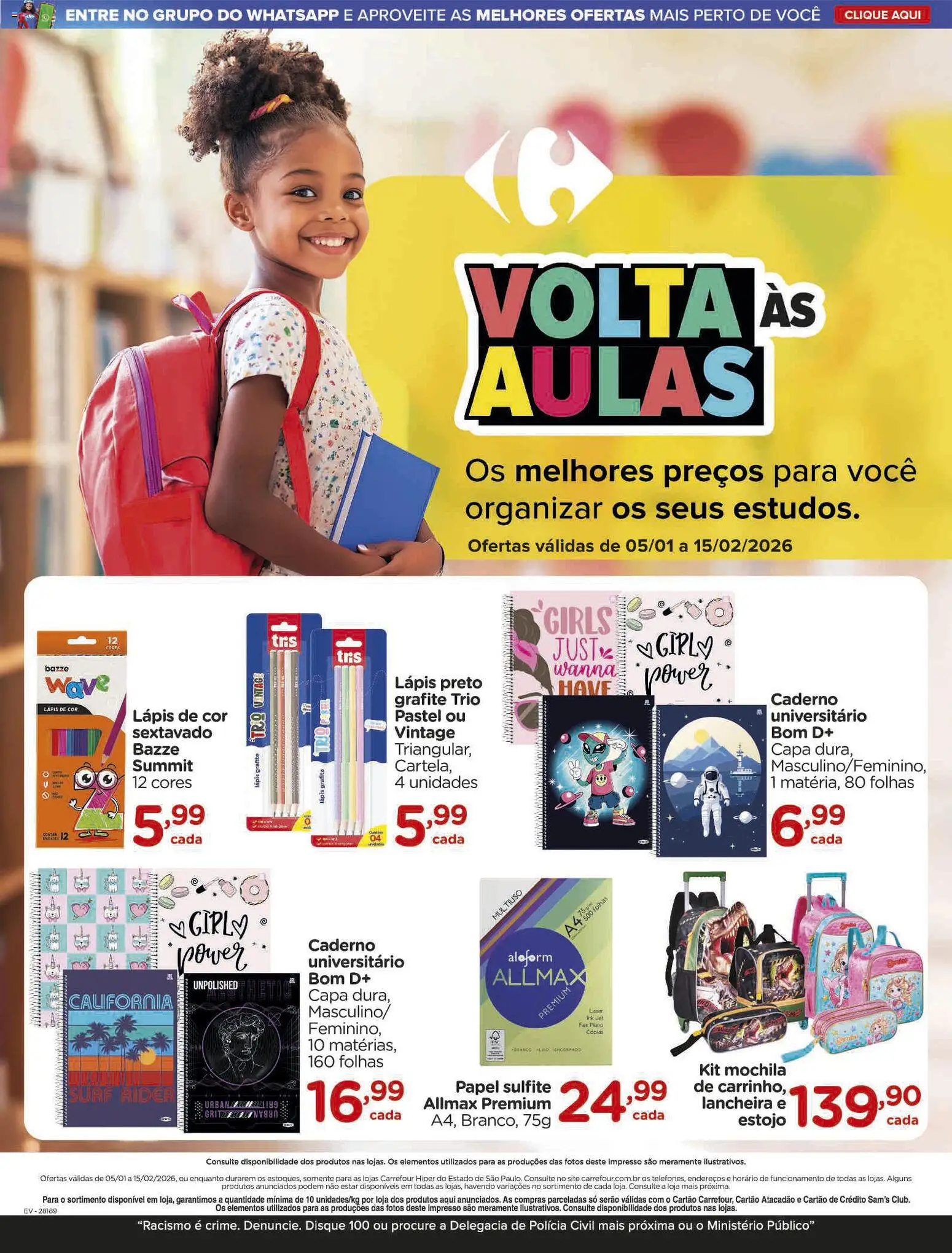Pré-Visualização do folheto "Ofertas Voltas às Aulas" da loja Carrefour válido a partir de 05/01/2026 - Mochila, Caderno, Lápis de cor, Lancheira, Papel sulfite, Lápis