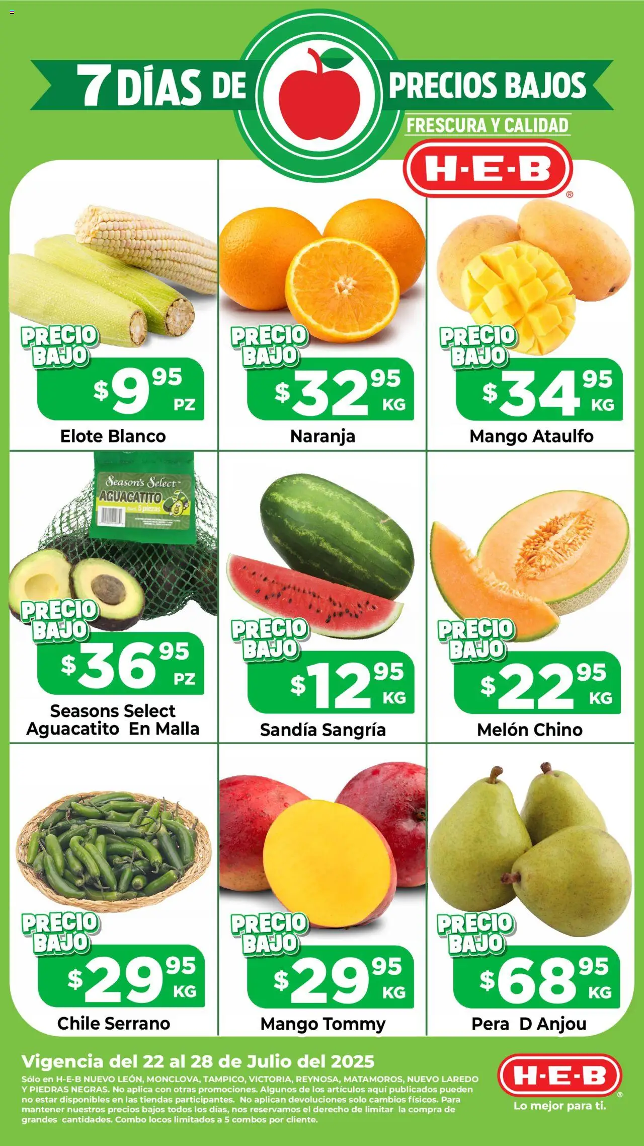 Folleto Precio Bajo H-E-B y sus promociones válidas desde el 22/07/2025 - Número de página 1 - Chile, Pera, Sandía, Melón, Mango, Malla