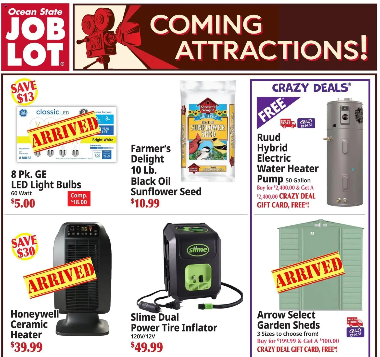 Ad Preview of Ocean State Job Lot Ocean State Job Lot Ad from 03/12/2026 - Tire, Water, Arrow, LED light, Oil, Water Heater, Light bulbs, Pump