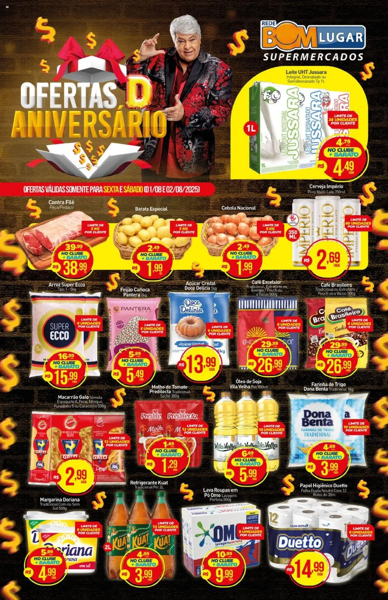Rede Bom Lugar folheto "Ofertas da semana" válido a partir de 01/08/2025 - número de página 1 - Macarrão, Roupas, Sal, Arroz, Soja, Tomate, Papel higiênico, Farinha de trigo