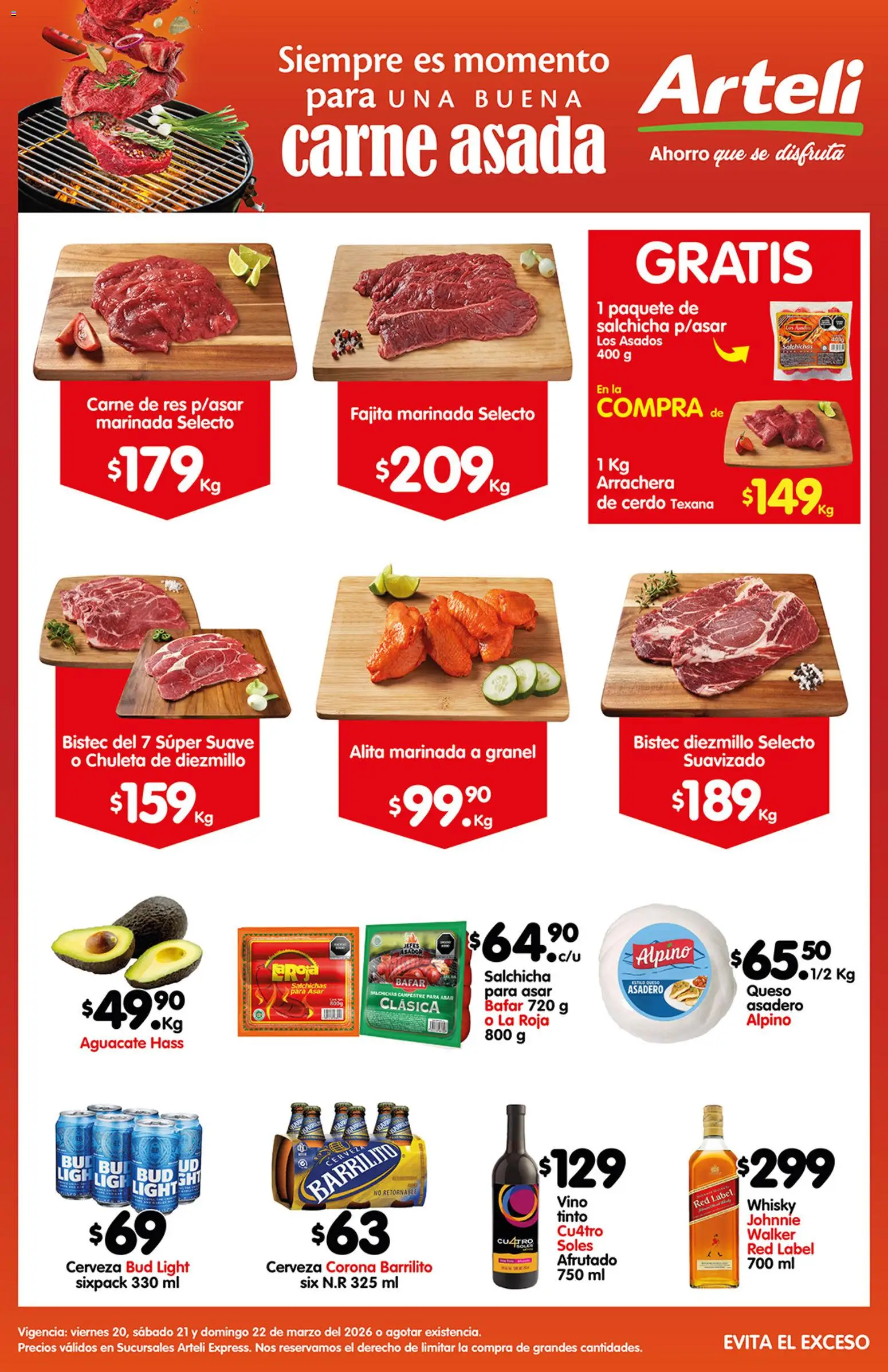 Vista previa las ofertas de la tienda Arteli - Arteli folleto Carne Express desde el 20/03/2026 - Whisky, Queso, Asador, Bistec, Res, Chuleta, Carne de res, Salchichas