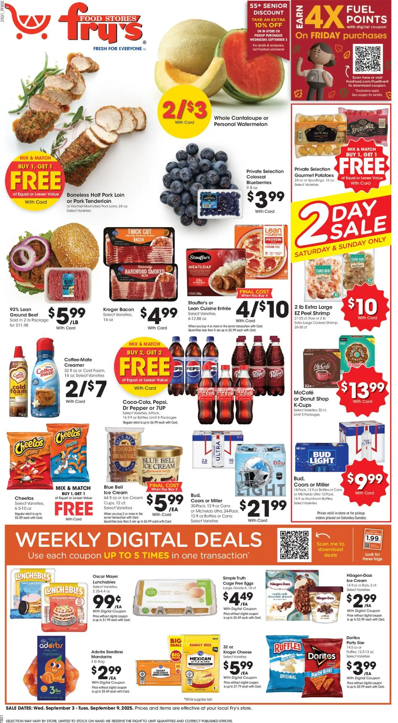 Fry's Food Weekly Ad - AZ from 09/03/2025 - Flyer - Page number 1 - Pizza, Potatoes, Watermelon, Ground beef, Cream, Pork tenderloin, Pork loin, Foam