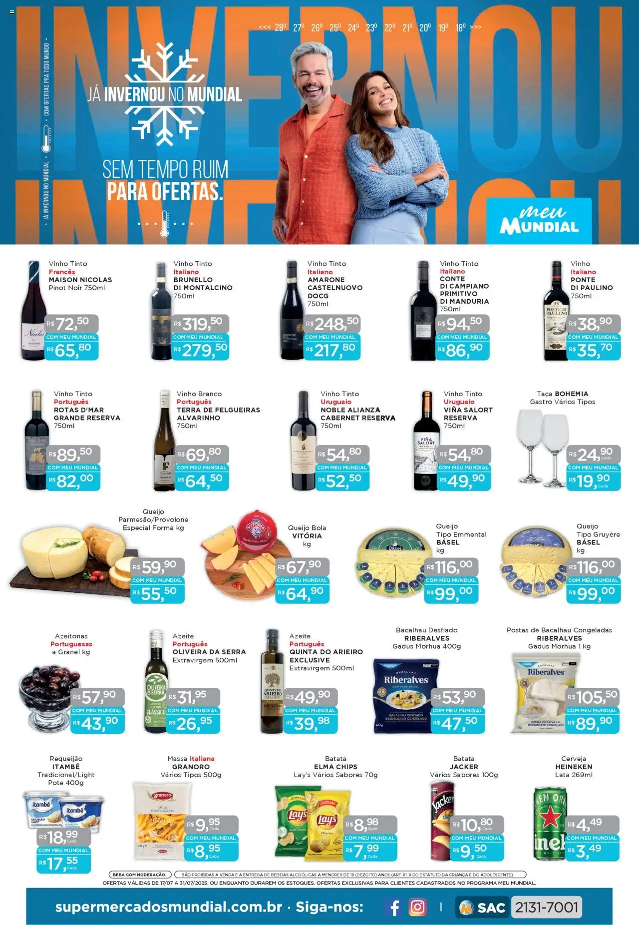 Mundial folheto "Encarte" válido a partir de 17/07/2025 - número de página 1 - Azeitonas, Bacalhau, Elma Chips, Vinho tinto, Cerveja, Massa, Vinho branco, Azeite