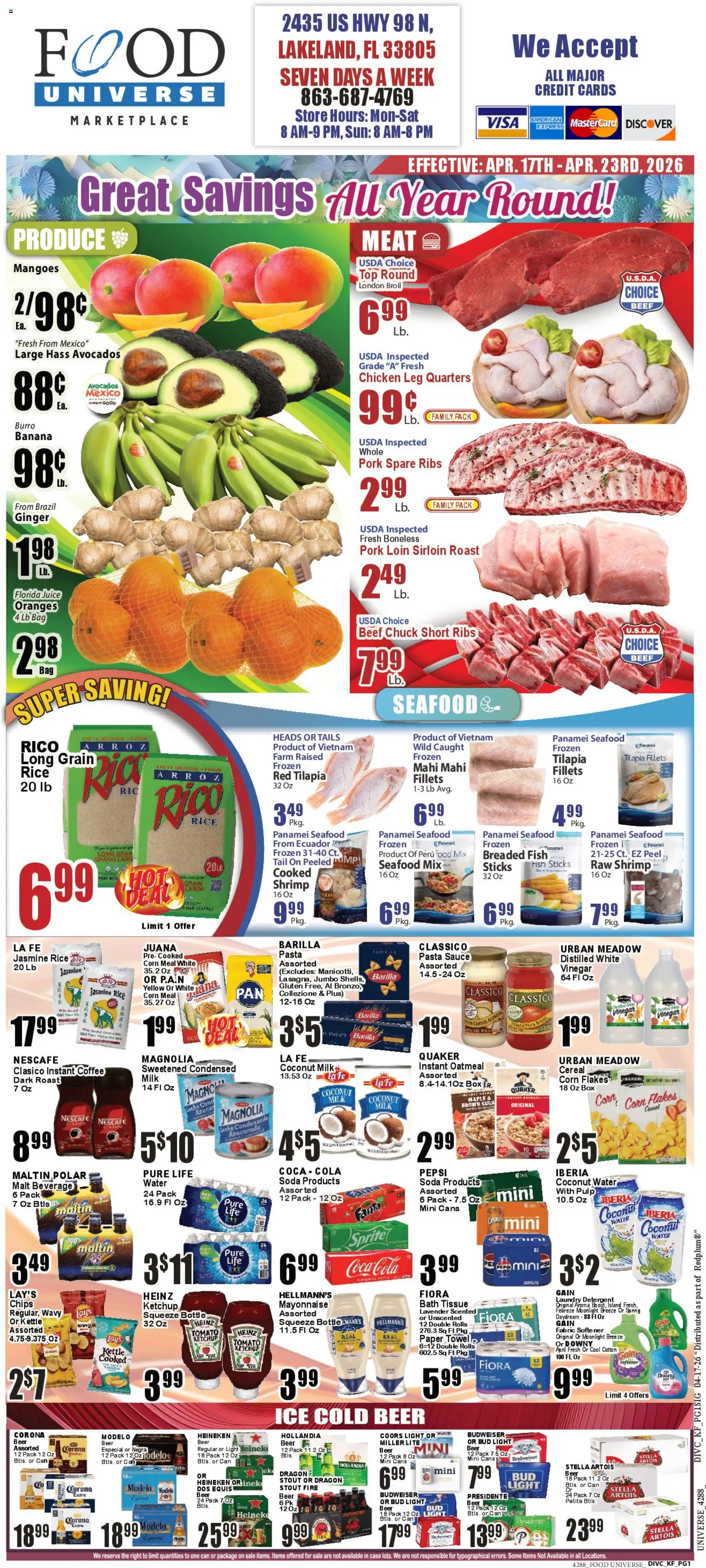 Ad Preview of Food Universe Food Universe Weekly Ad from 04/17/2026 - Coffee, Ice, Chips, Corn, Pork, Ketchup, Case, Detergent