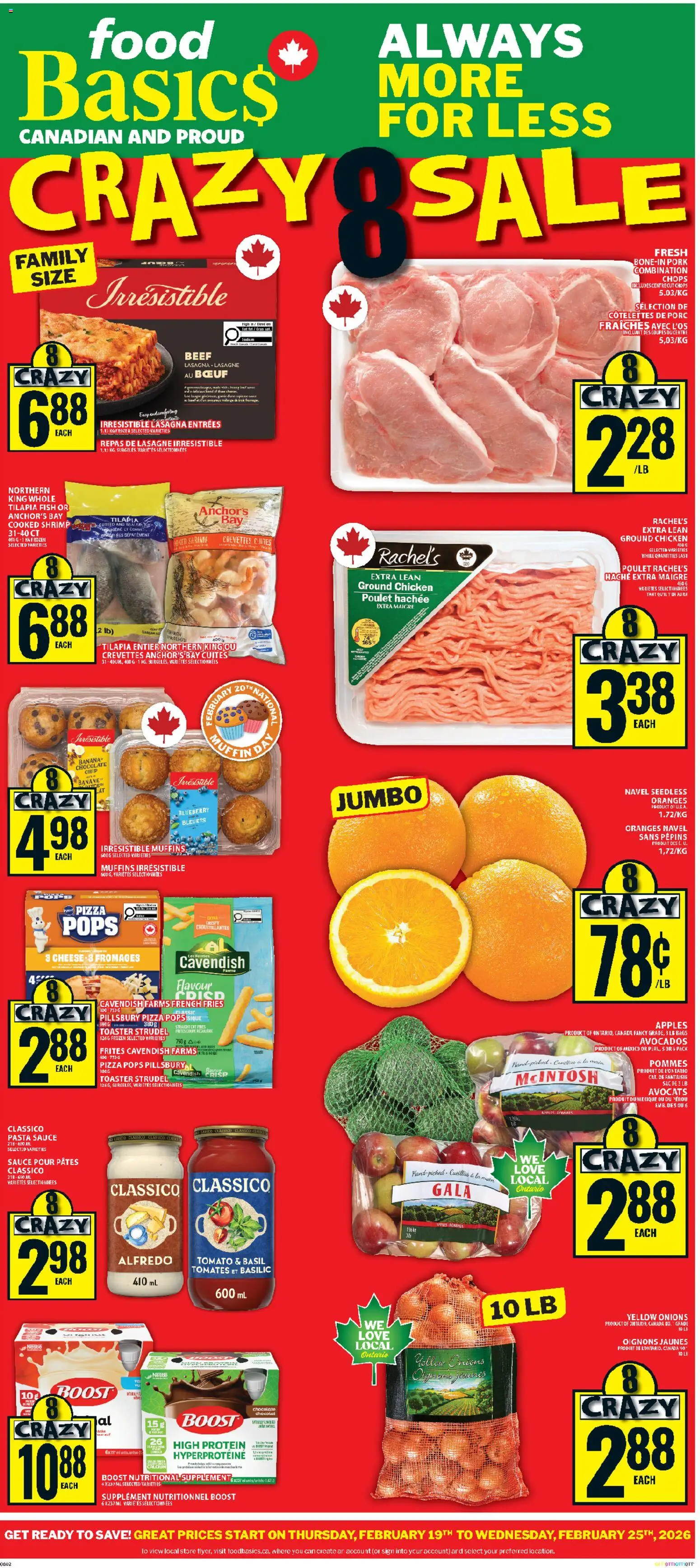 Preview of leaflet Kanata from shop Food Basics is valid from Feb 19, 2026 - Pizza, Apples, Chicken, Ice, Protein, Muffins, Toaster, Pork