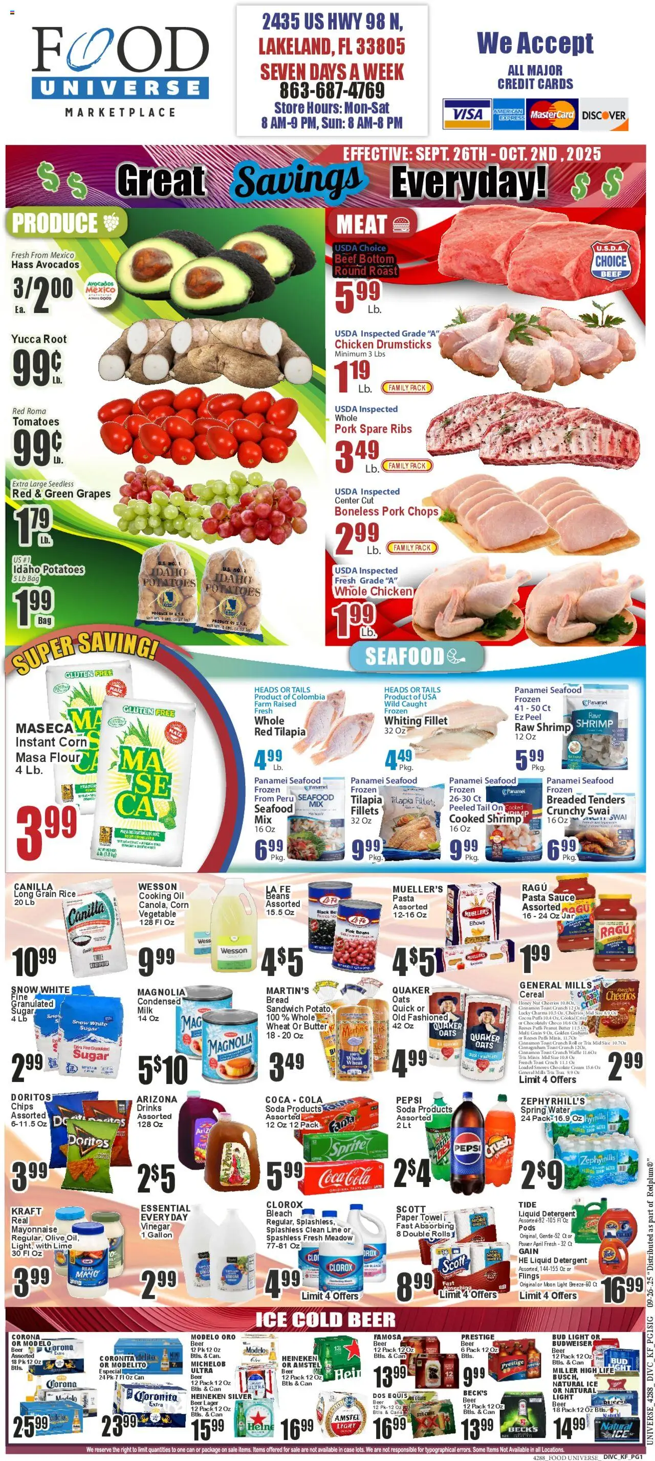 Ad Preview of Food Universe Weekly Ad from 09/26/2025 - Cereal, Meat, Oil, Grapes, Sauce, Corona beer, Spring water, Chicken