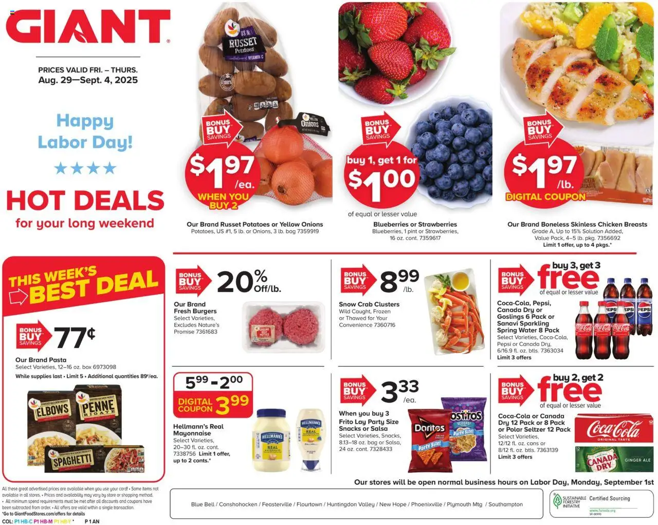 Giant Weekly Ad from 08/29/2025 - Flyer - Page number 1 - Pasta, Water, Strawberries, Blueberries, Ginger, Pepsi, Mayonnaise, Chicken