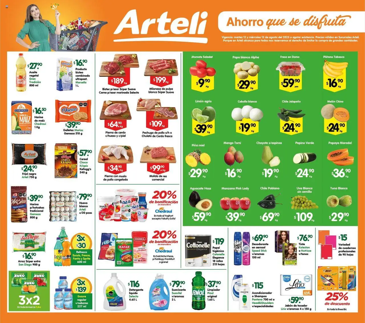 Folleto Arteli Arteli y sus promociones válidas desde el 12/08/2025 - Número de página 1 - Desodorante, Durazno, Pepino, Detergente, Milanesa, Sprite, Cuadernos, Melón