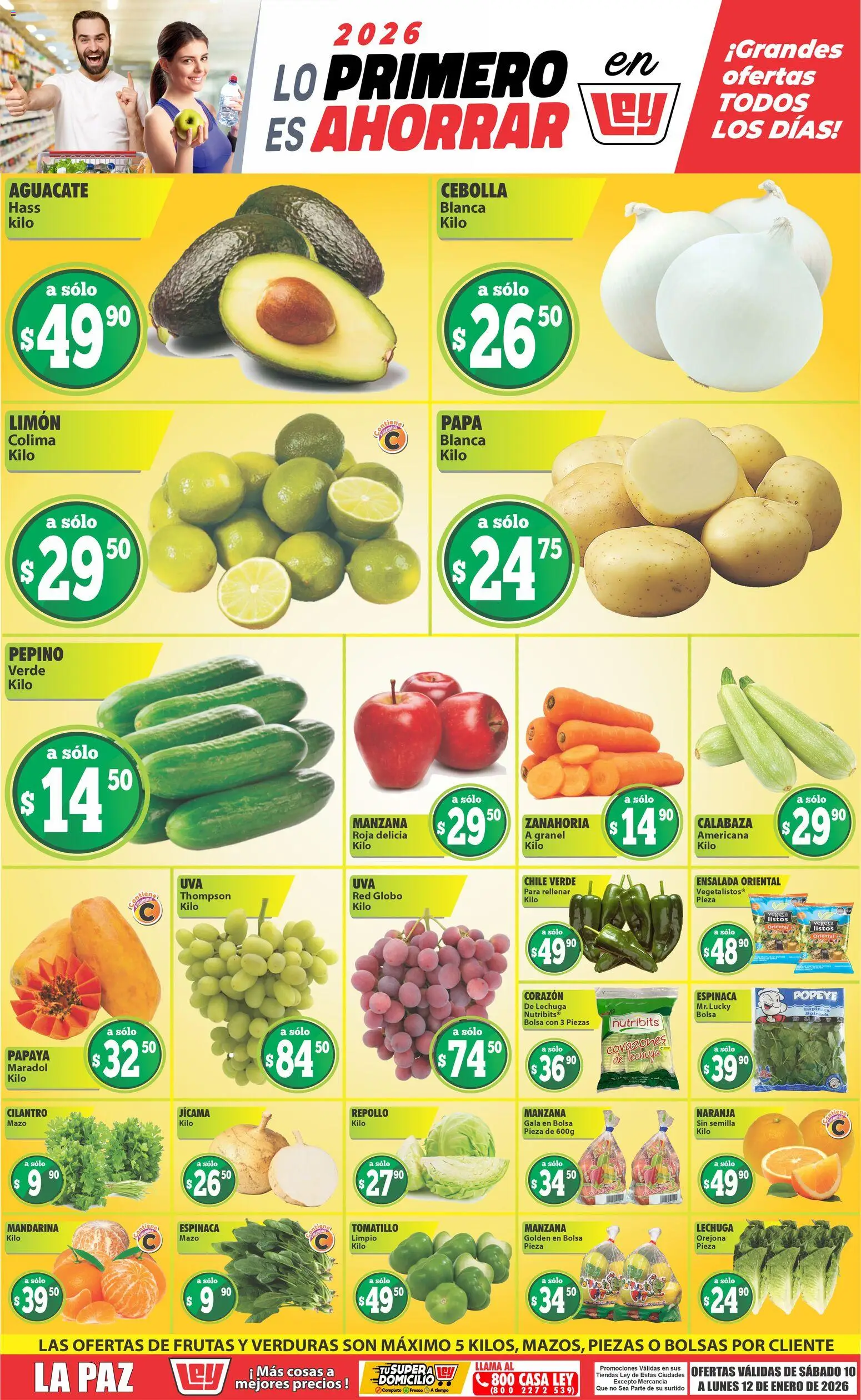 Vista previa las ofertas de la tienda Casa Ley - Folleto Las ofertas de frutas y verduras La Paz desde el 10/01/2026 - Papa, Manzana, Verduras, Chile, Calabaza, Espinaca, Pepino, Repollo