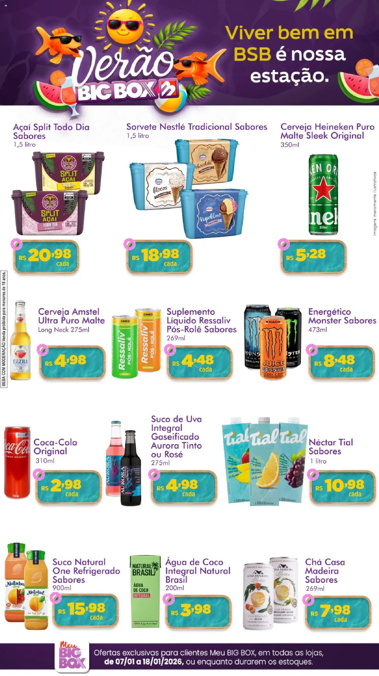 Pré-Visualização do folheto "Ofertas da semana" da loja Big Box válido a partir de 07/01/2026 - Heineken, Água, Monster, Uva, Chá, Energético, Chá branco, Flocos