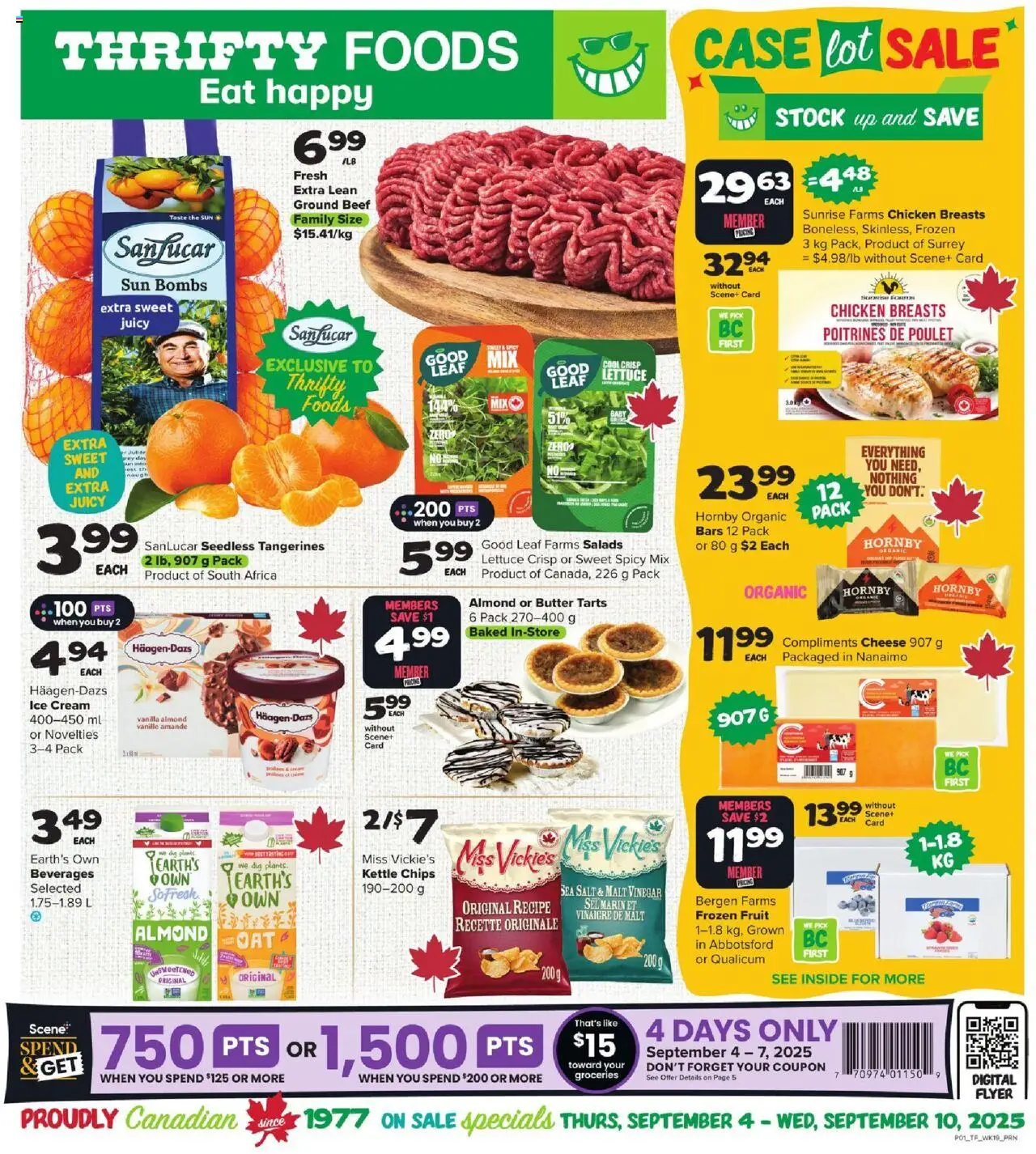 Thrifty Foods flyer valid from Sep 04, 2025 - page number 1 - Tangerines, Chicken, Ice, Kettle, Vanilla, Chicken breasts, Ground beef, Frozen fruit