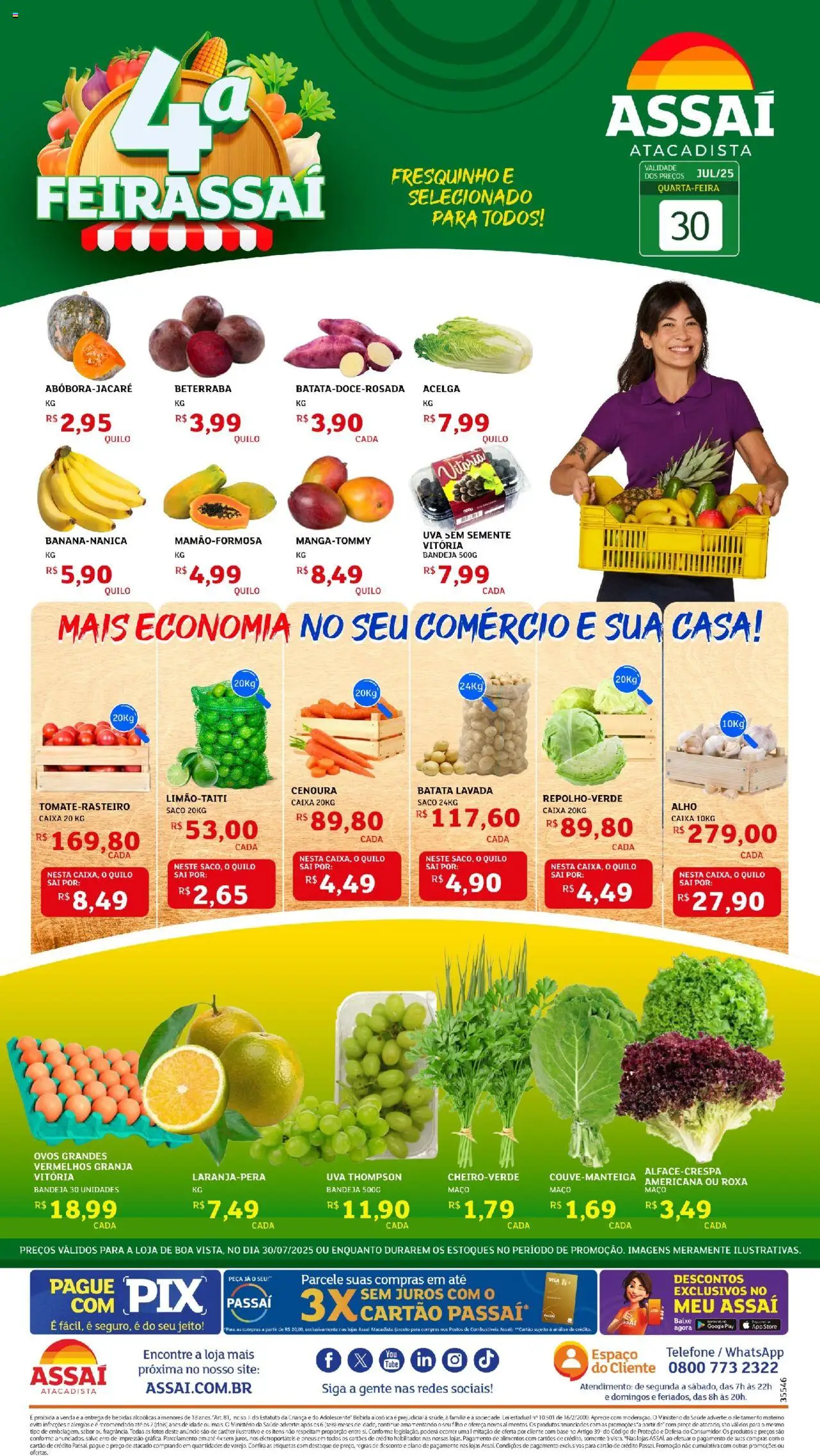 Assaí Atacadista folheto "Encarte - RR" válido a partir de 30/07/2025 - número de página 1 - Alho, Caixa, Ovos, Base, Cenoura, Bebida, Batata, Telefone