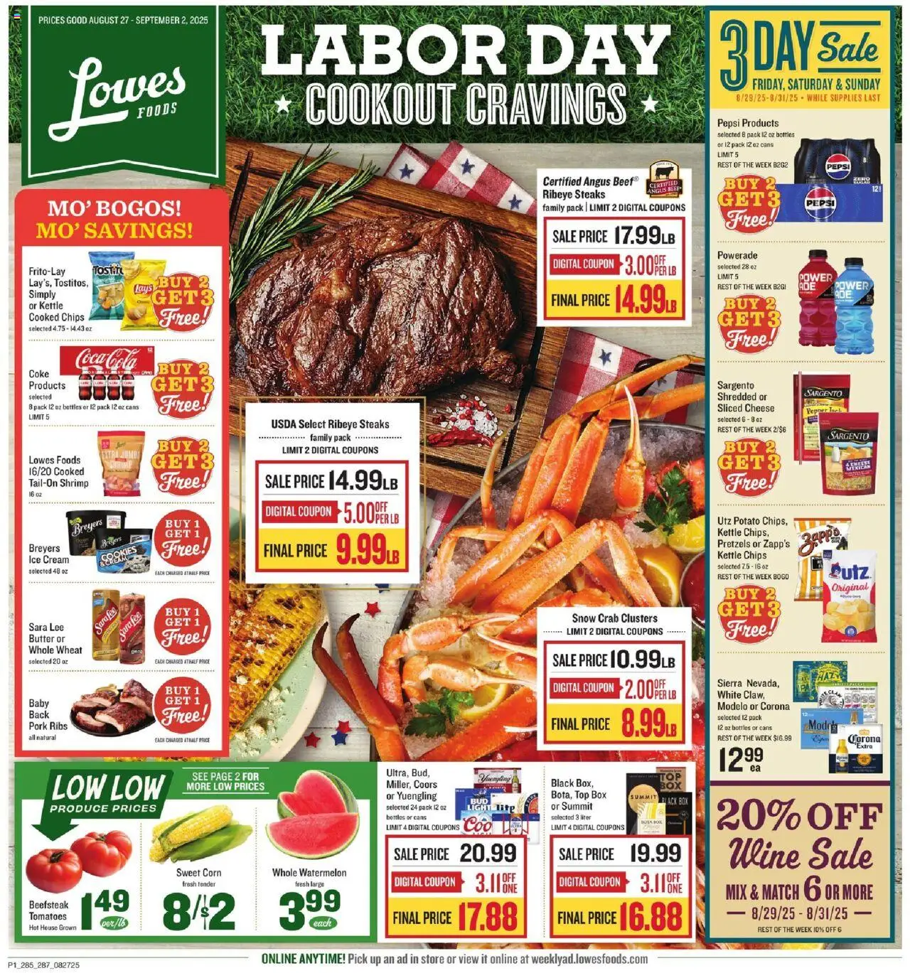 Lowes Foods Weekly Ad - NC from 08/27/2025 - Flyer - Page number 1 - Ice cream, Cookies, Butter, Pepsi, Sugar, Pork, Cream, Sliced cheese