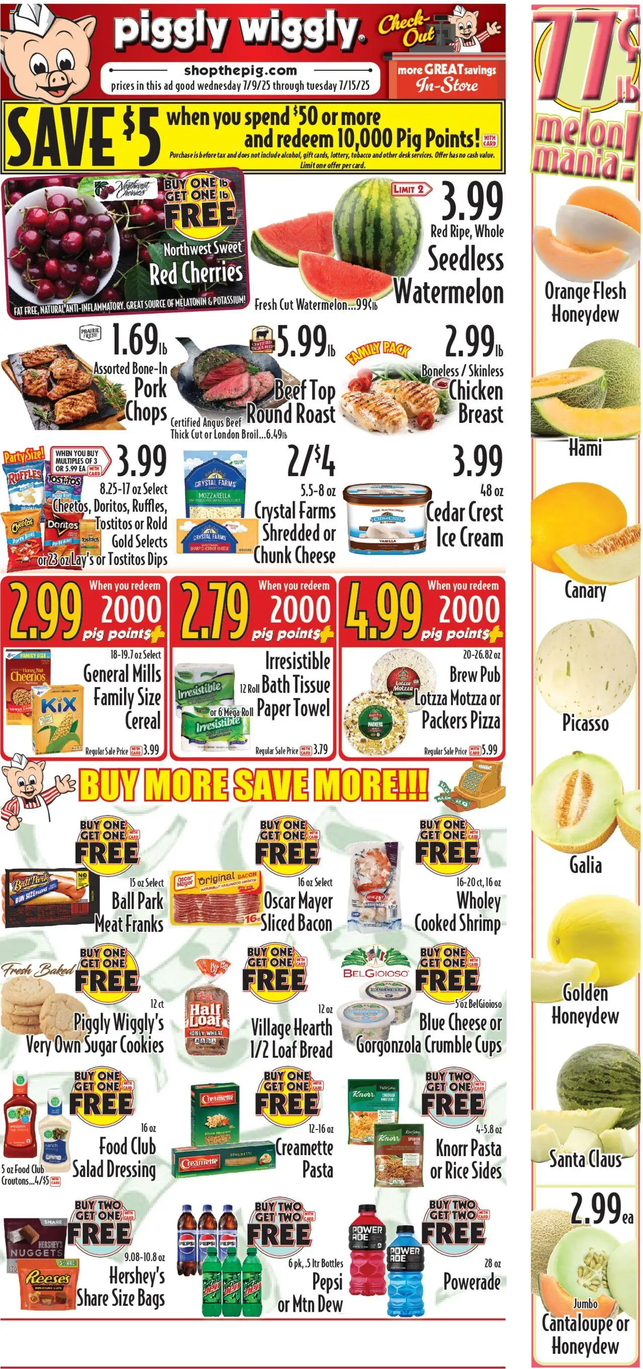 Piggly Wiggly Weekly Ad - WI from 07/09/2025 - Flyer - Page number 1 - Shrimp, Cheese, Bread, Beef, Cookies, Desk, Mozzarella, Vanilla