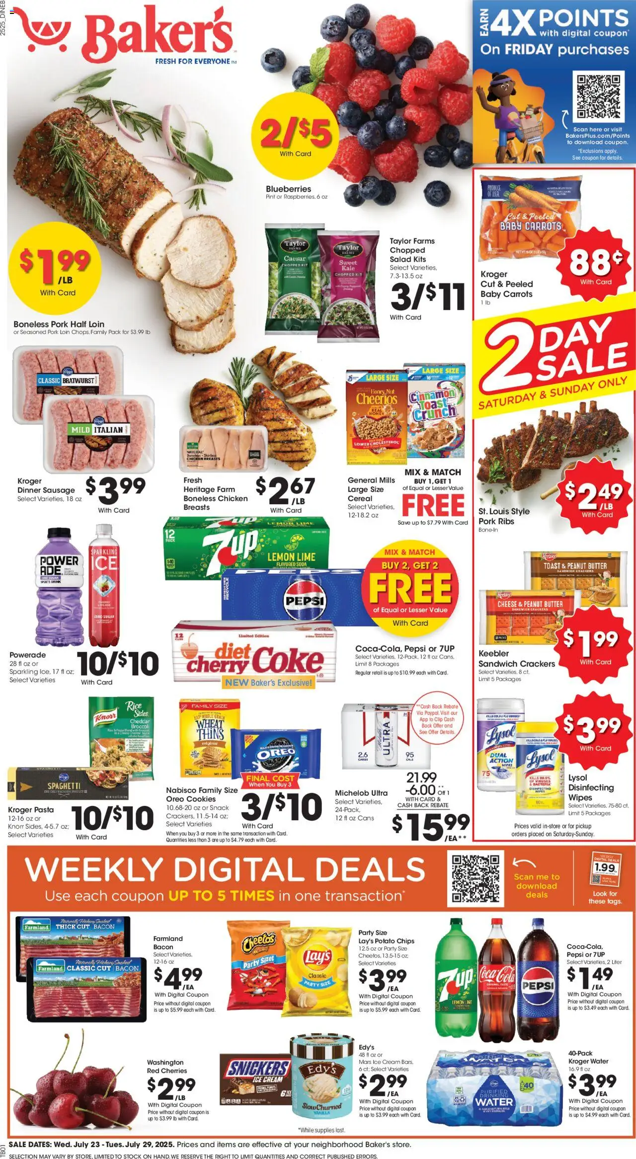 Baker's Weekly Ad from 07/23/2025 - Flyer - Page number 1 - Bratwurst, Honey, Oreo, Cream, Water, Peanut butter, Snickers, Sports drink