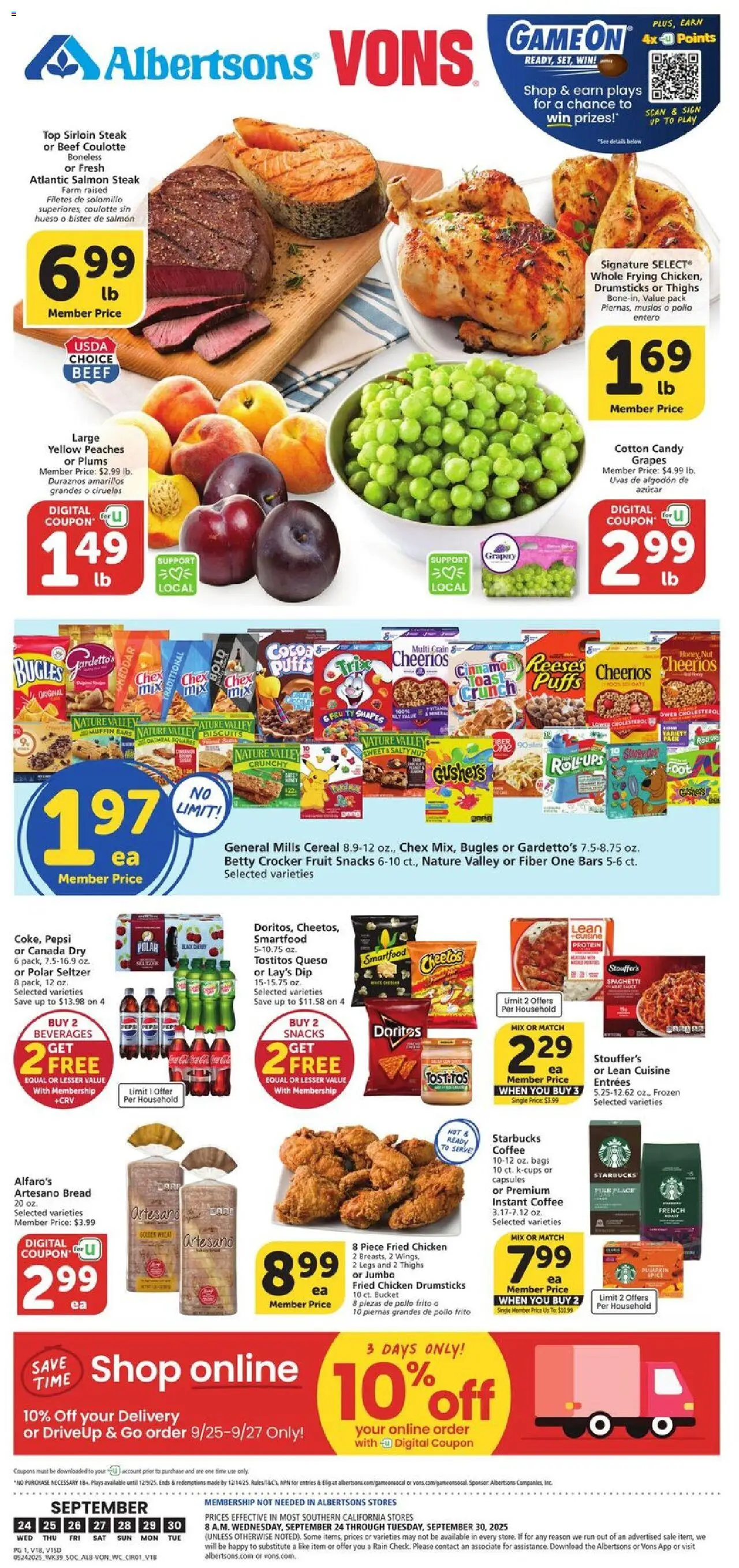 Ad Preview of Vons Weekly Ad from 09/24/2025 - UPS, Fruit, Pumpkin, Salmon, Protein, Cereal, Capsules, Chicken