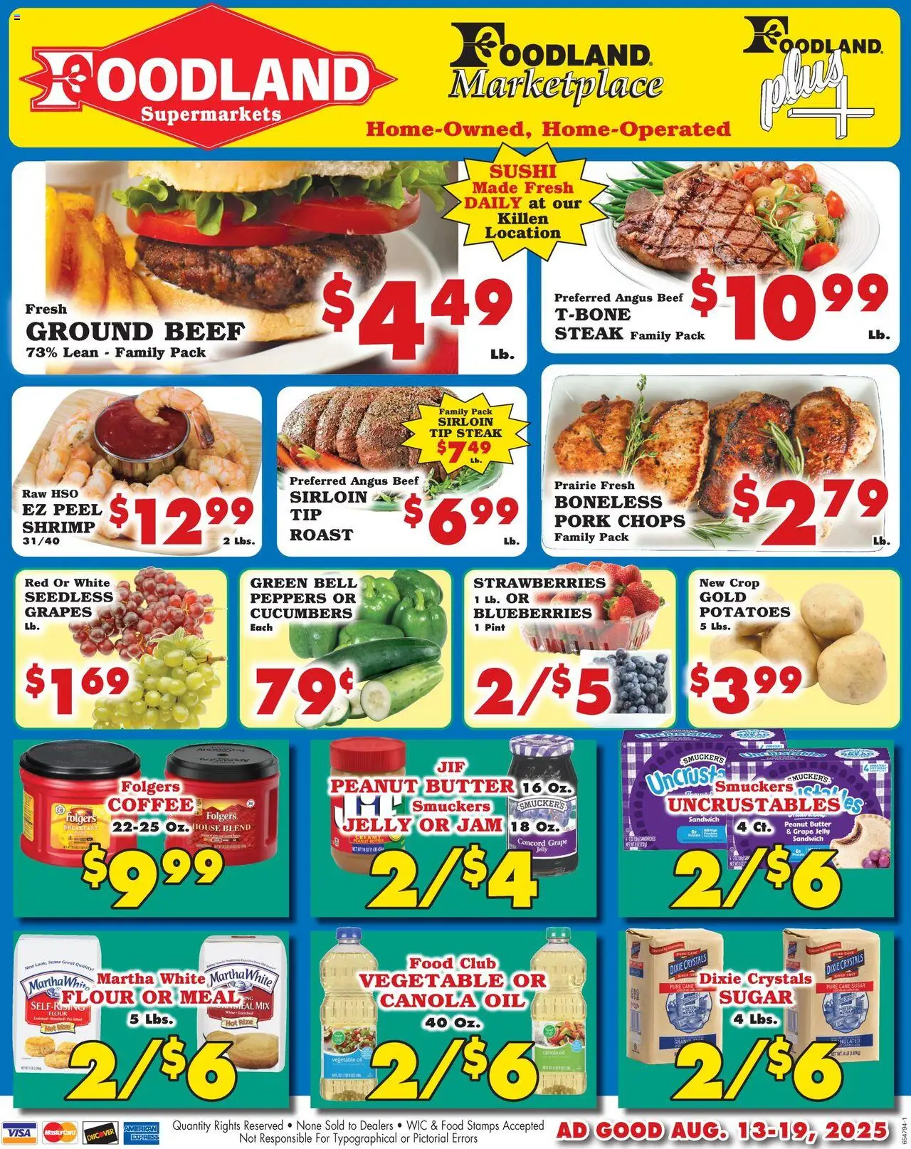 Foodland Weekly Ad - Supermarkets from 08/13/2025 - Flyer - Page number 1 - Coffee, Shrimp, Blueberries, Grapes, Beef, Ground beef, Pork, Jam
