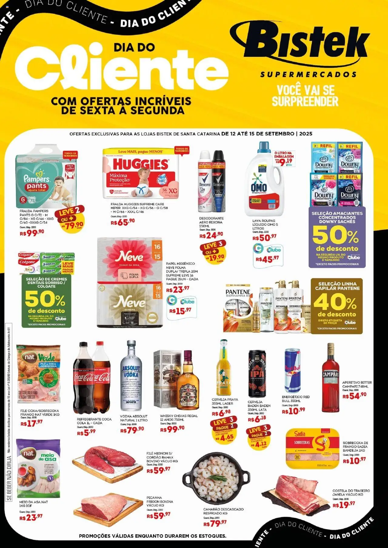 Bistek Supermercados folheto "Ofertas Dia do Cliente" válido a partir de 12/09/2025 - número de página 1 - Whisky, Desodorante, Picanha, Bebidas, Janela, Refrigerante, Energético, Papel higiênico