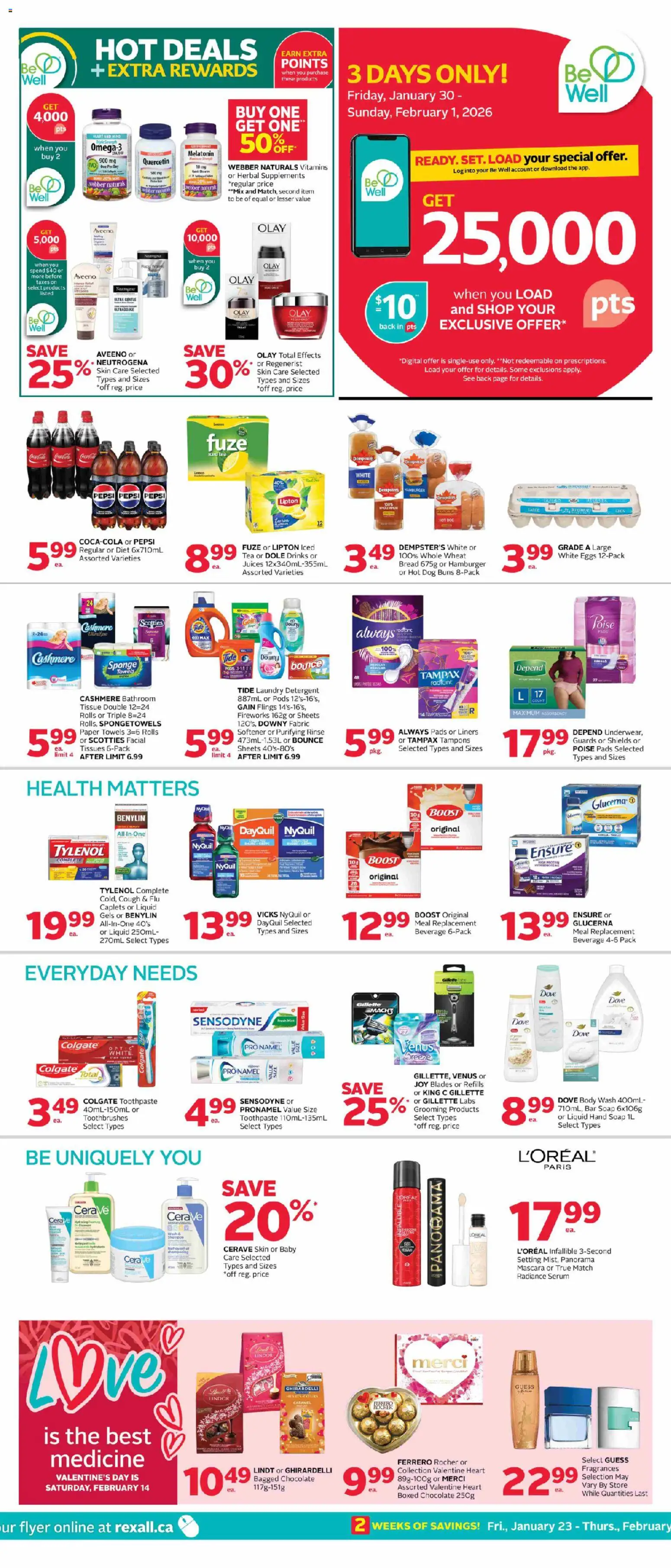 Preview of leaflet Weekly flyer / circulaire from shop Rexall is valid from Jan 30, 2026 - Drinks, Ferrero Rocher, Tampons, Mascara, Towels, Toothpaste, Sponge, Tissues
